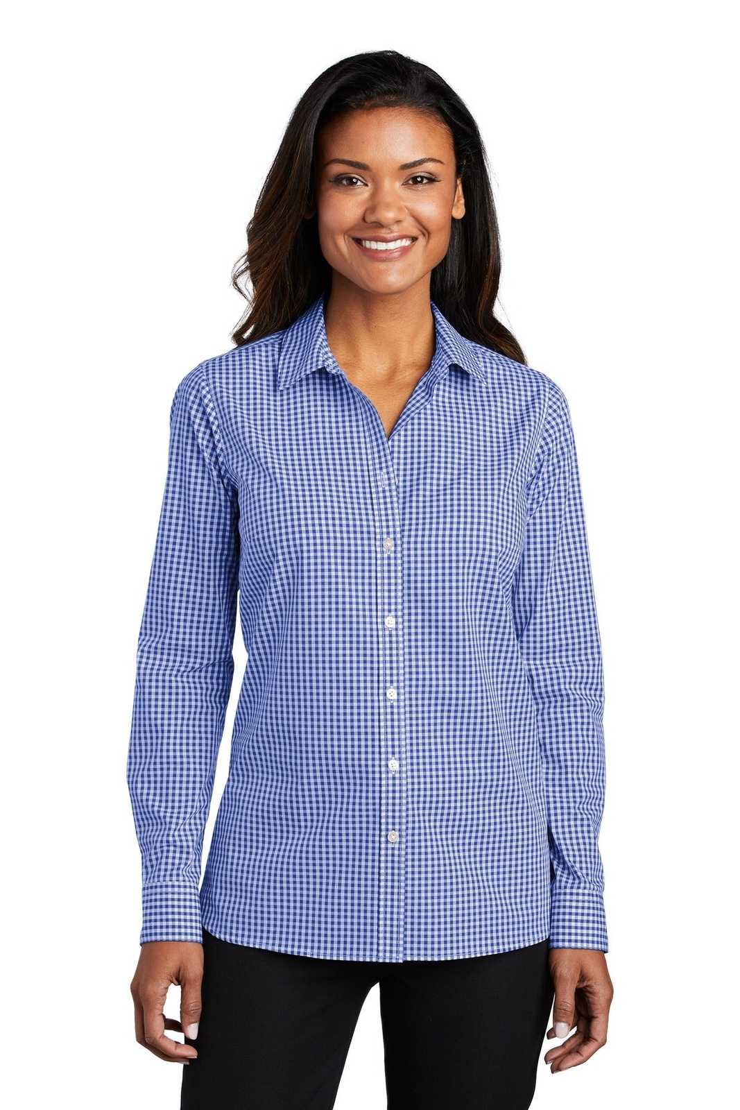 Port Authority LW644 Ladies Broadcloth Gingham Easy Care Shirt - True Royal White - HIT a Double - 1