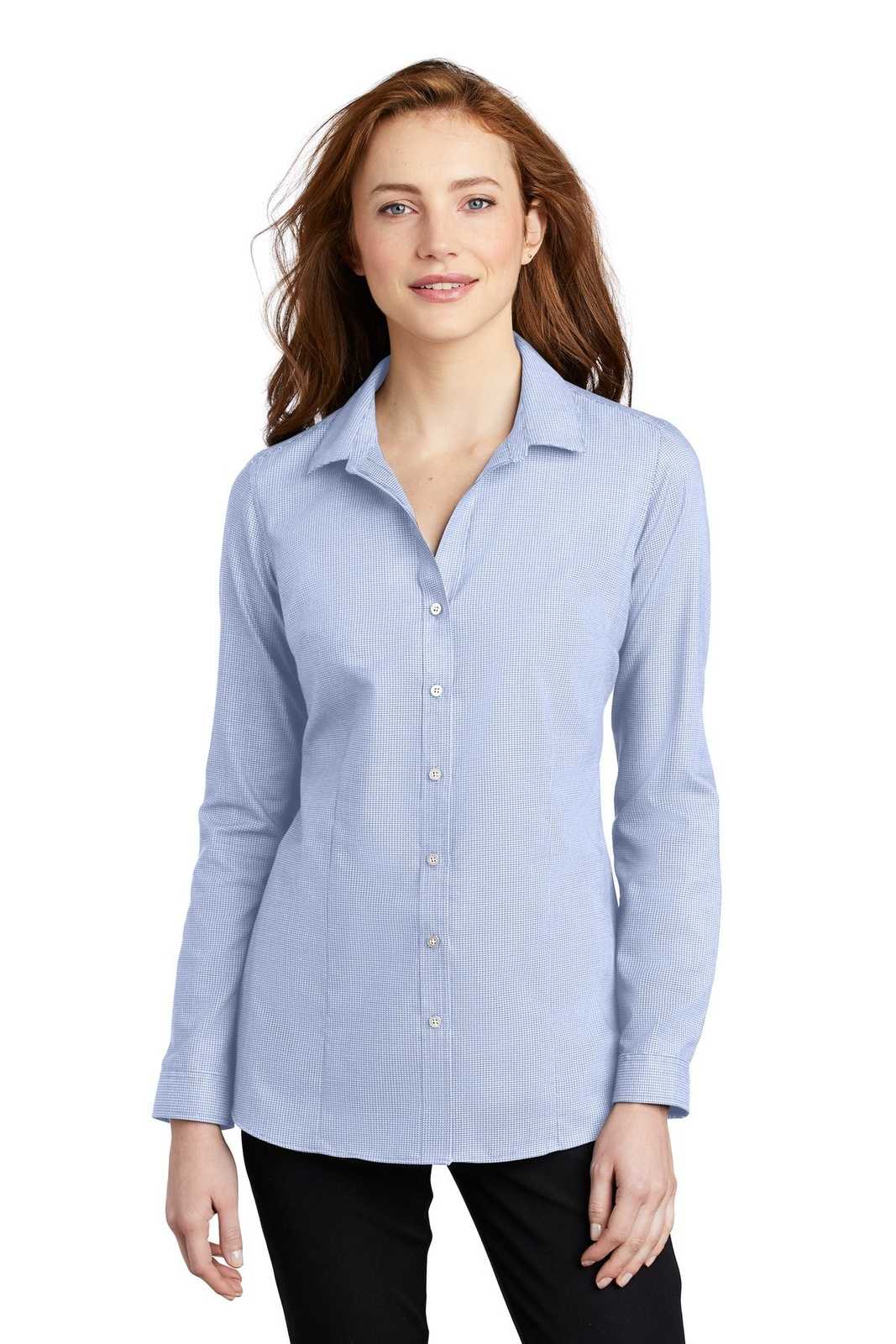 Port Authority LW645 Ladies Pincheck Easy Care Shirt - Blue Horizon White - HIT a Double - 1