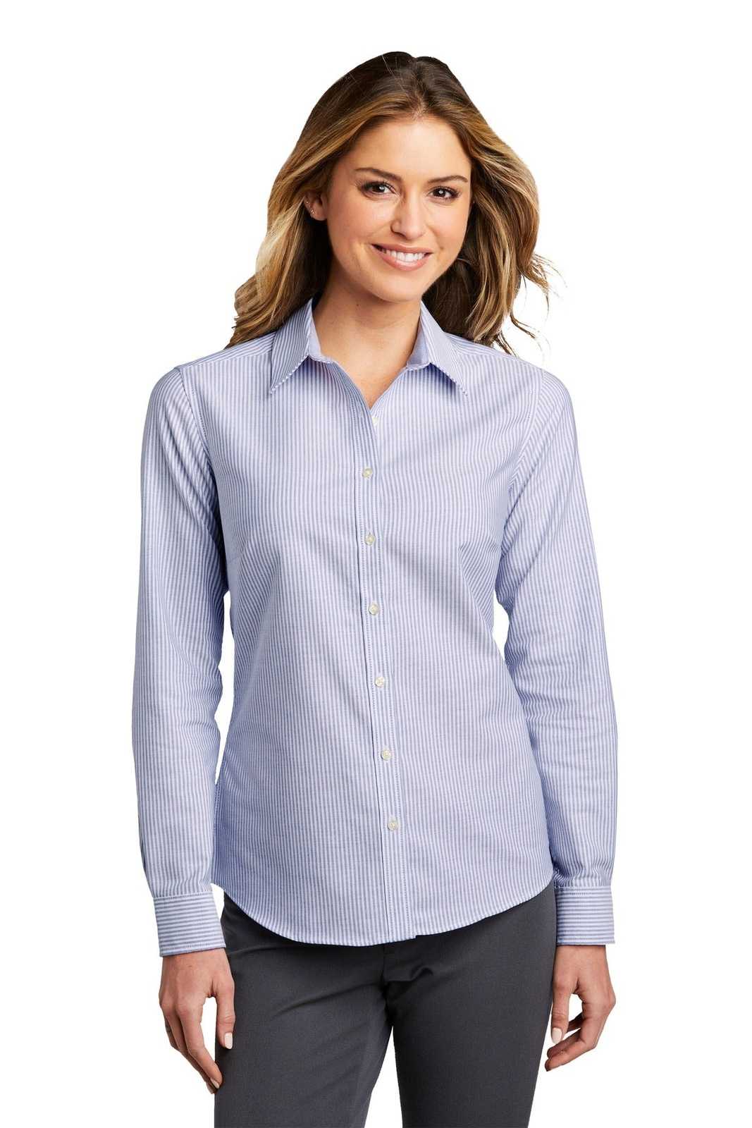 Port Authority LW657 Ladies SuperPro Oxford Stripe Shirt - Oxford Blue/ White - HIT a Double - 1