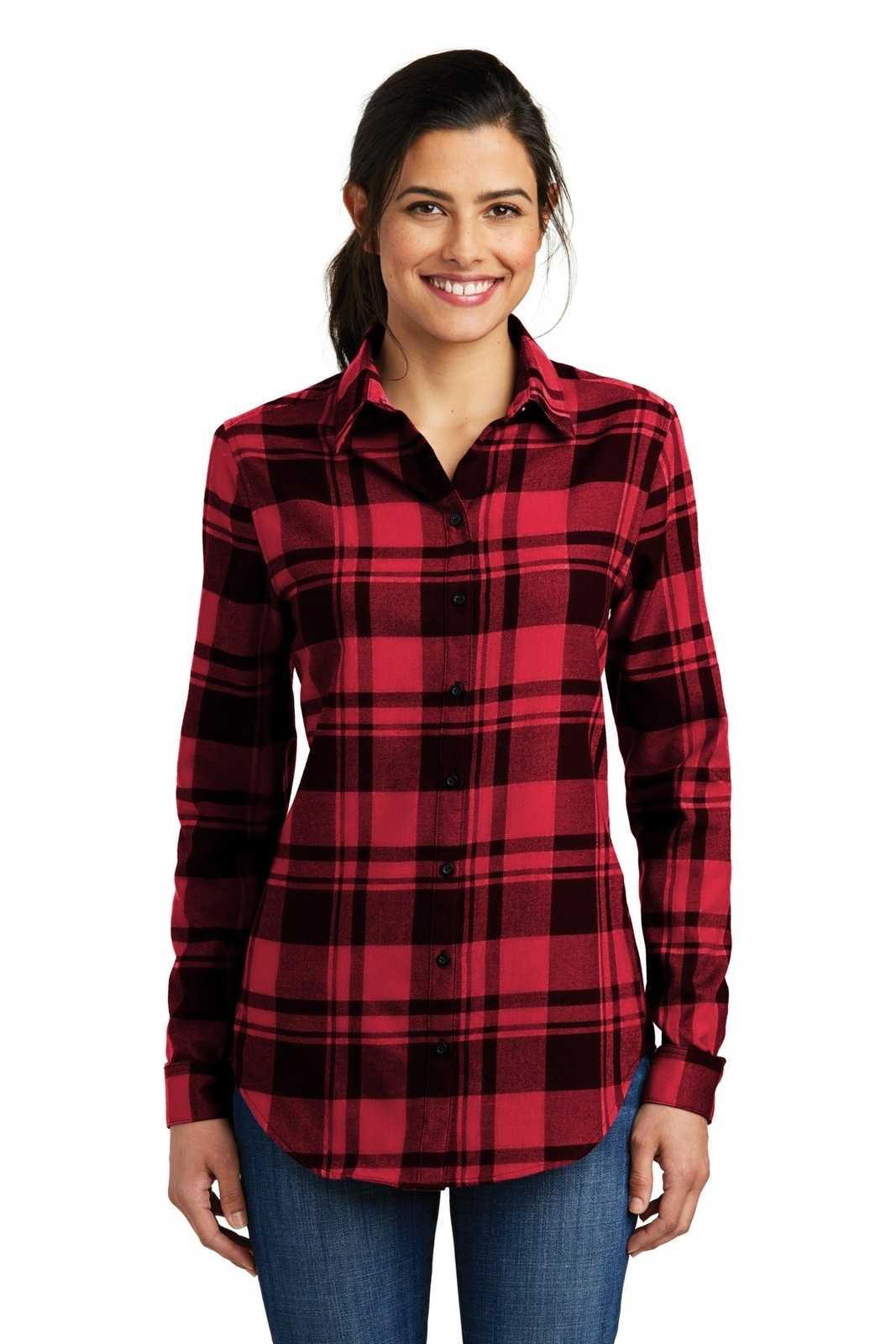 Port Authority LW668 Ladies Plaid Flannel Tunic - Engine Red Black - HIT a Double - 1