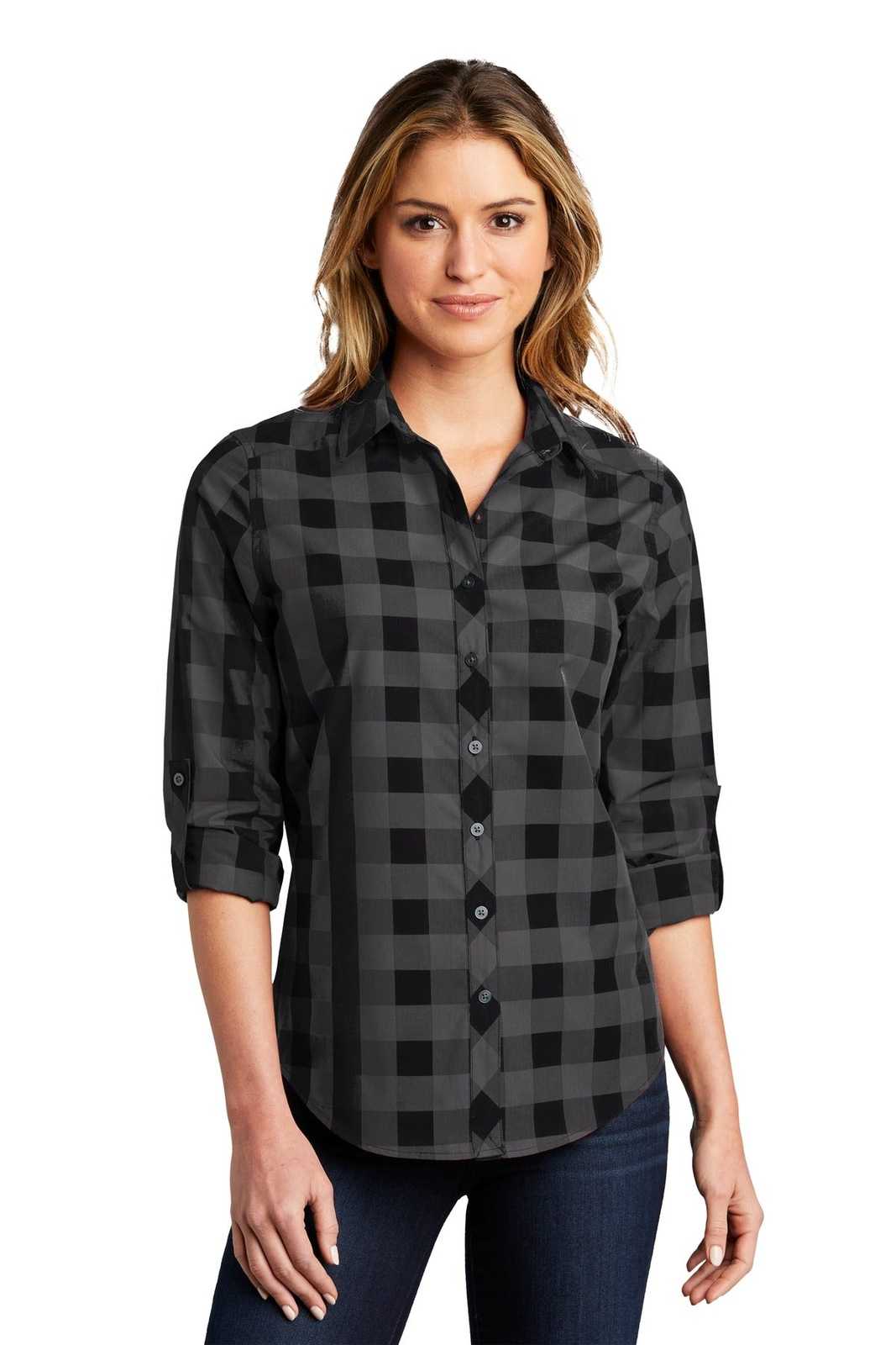 Port Authority LW670 Ladies Everyday Plaid Shirt - Black - HIT a Double - 1