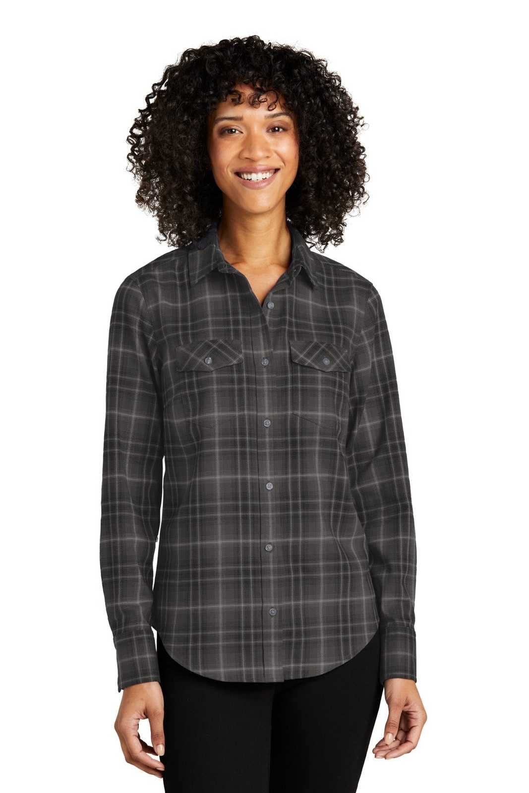 Port Authority LW672 Ladies Long Sleeve Ombre Plaid Shirt - Deep Black - HIT a Double - 1