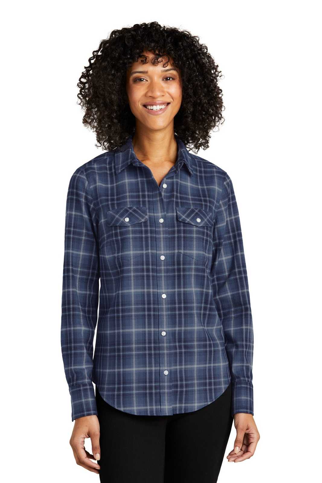Port Authority LW672 Ladies Long Sleeve Ombre Plaid Shirt - True Navy - HIT a Double - 1