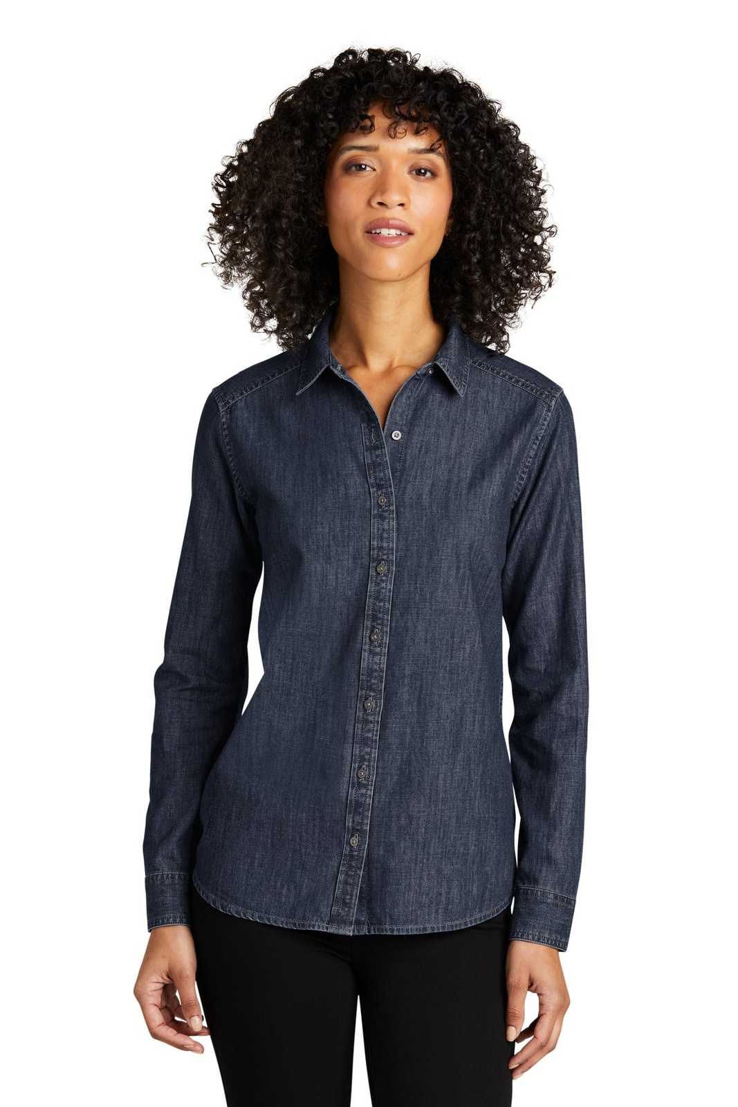 Port Authority LW676 Ladies Long Sleeve Perfect Denim Shirt - Dark Wash - HIT a Double - 1