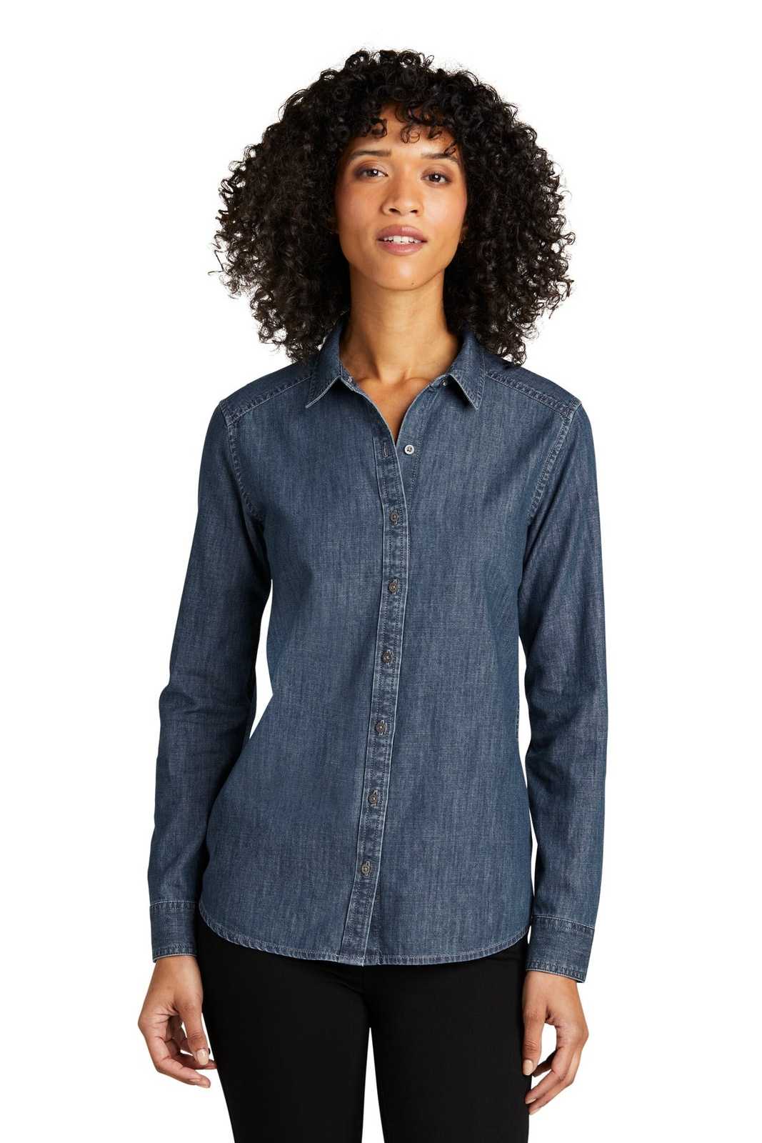 Port Authority LW676 Ladies Long Sleeve Perfect Denim Shirt - Medium Wash - HIT a Double - 1