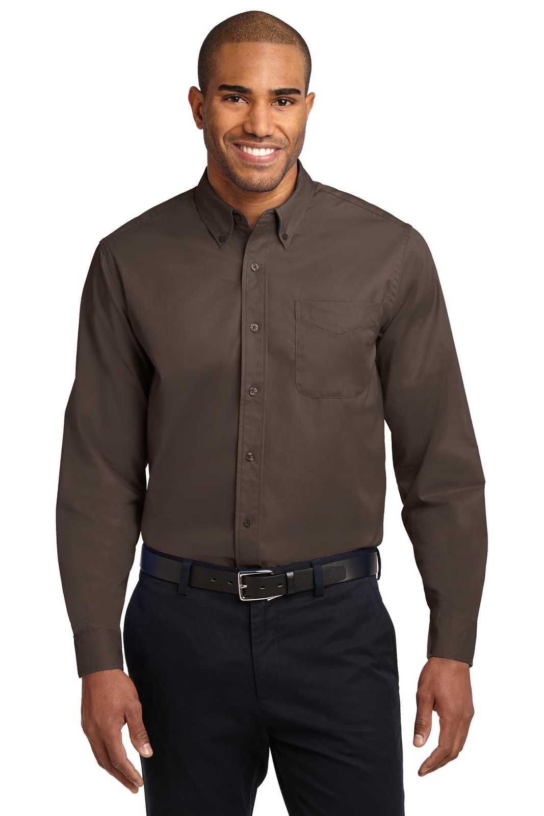 Port Authority S608ES Extended Size Long Sleeve Easy Care Shirt - Coffee Bean Light Stone - HIT a Double - 1
