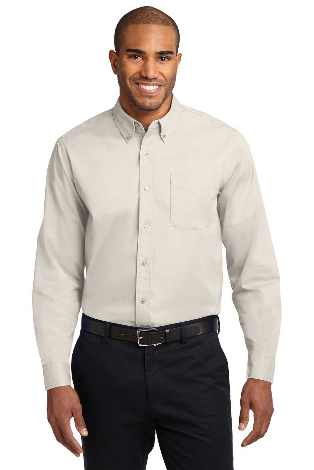Port Authority S608ES Extended Size Long Sleeve Easy Care Shirt - Light Stone Classic Navy - HIT a Double - 1