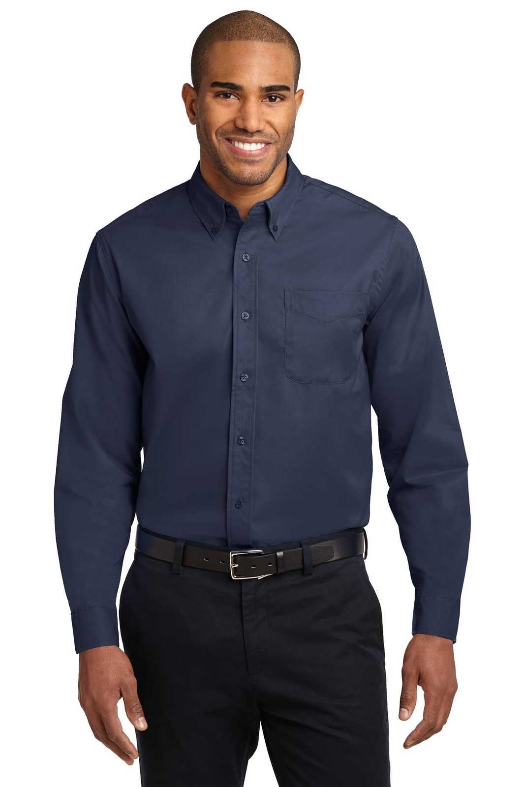 Port Authority S608ES Extended Size Long Sleeve Easy Care Shirt - Navy Light Stone - HIT a Double - 1