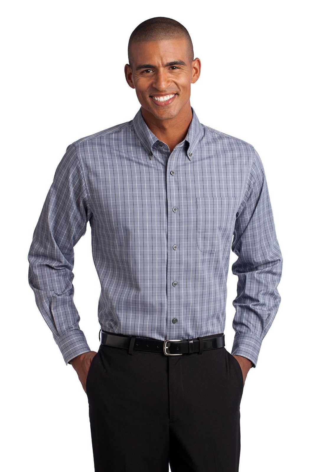 Port Authority S642 Tattersall Easy Care Shirt - Gray White - HIT a Double - 1