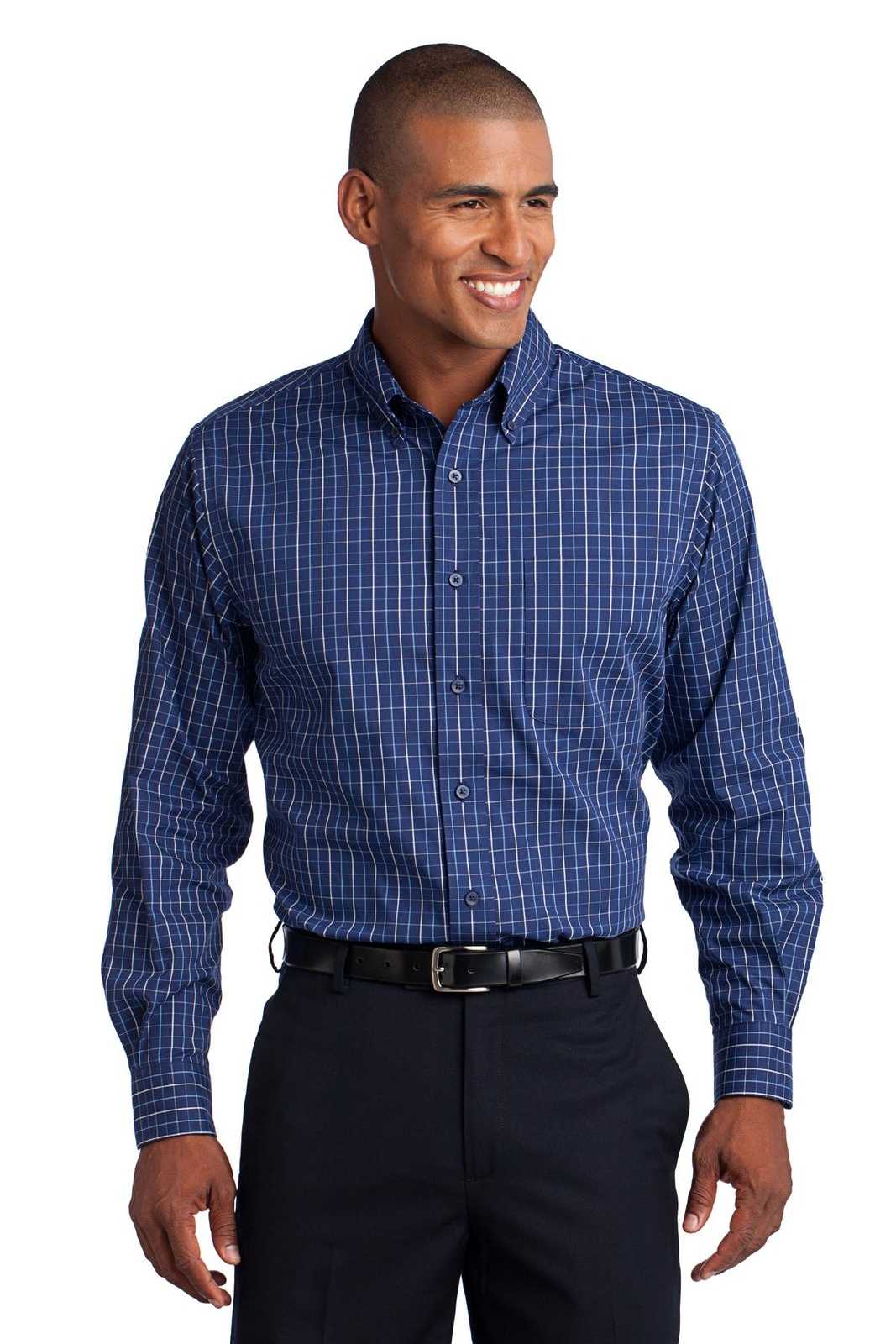 Port Authority S642 Tattersall Easy Care Shirt - Navy White - HIT a Double - 1