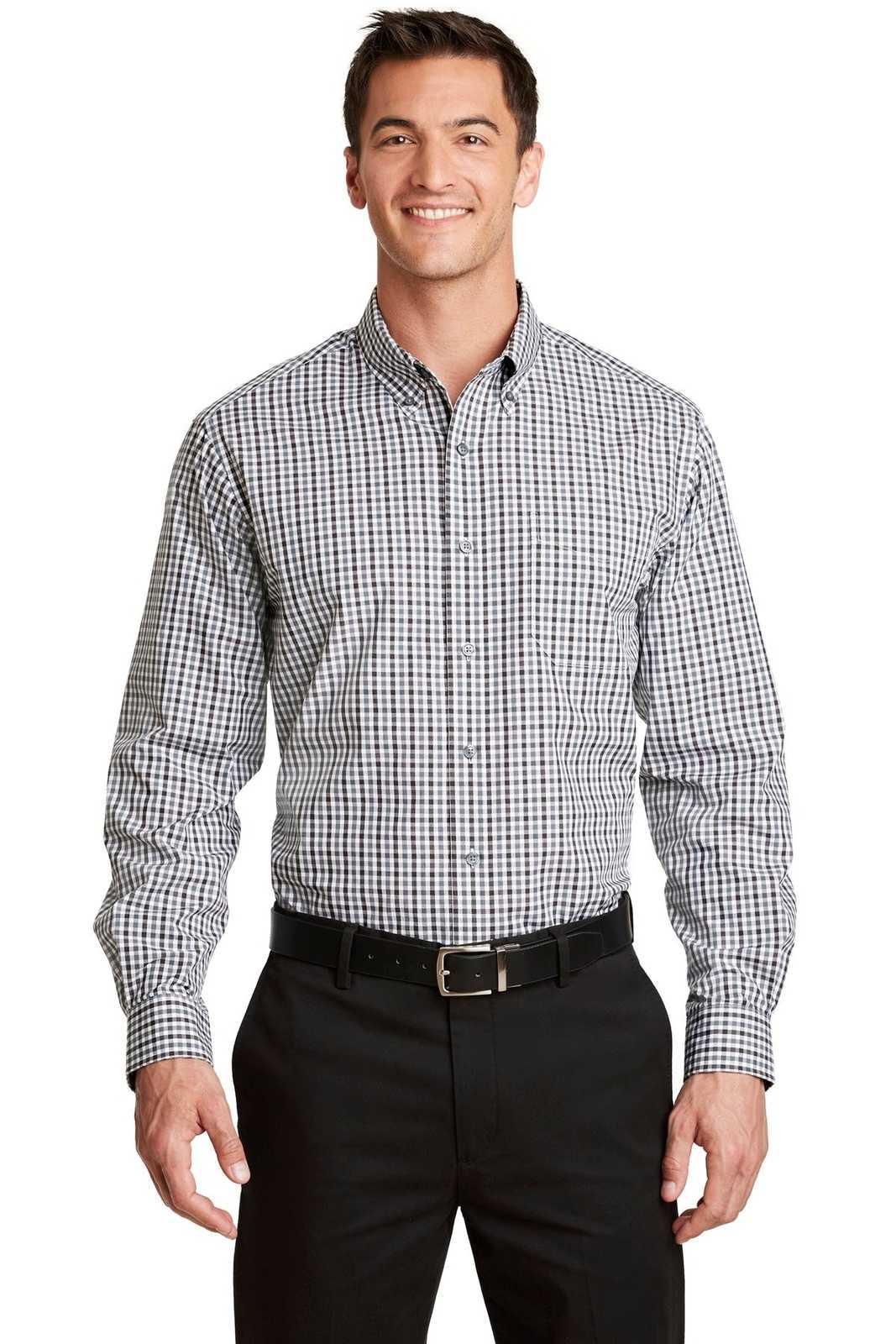 Port Authority S654 Long Sleeve Gingham Easy Care Shirt - Black Charcoal - HIT a Double - 1