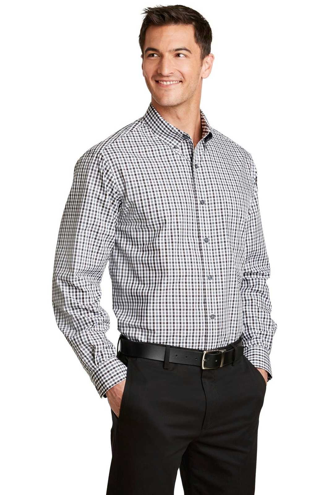 Port Authority S654 Long Sleeve Gingham Easy Care Shirt - Black Charcoal - HIT a Double - 4