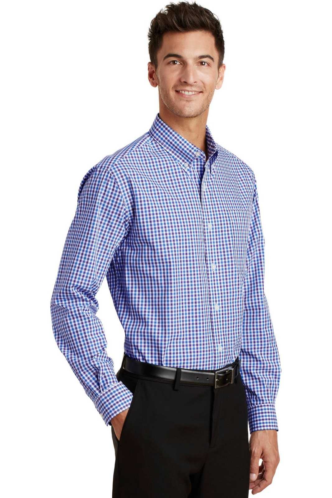 Port Authority S654 Long Sleeve Gingham Easy Care Shirt - Blue Purple - HIT a Double - 4