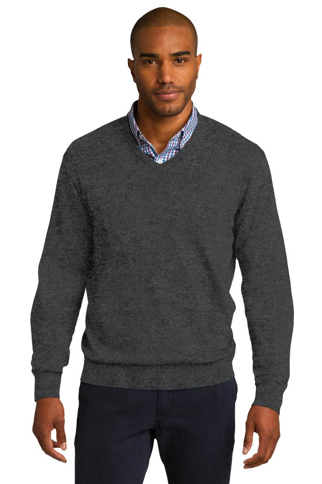 Port Authority SW285 V-Neck Sweater - Charcoal Heather - HIT a Double - 1