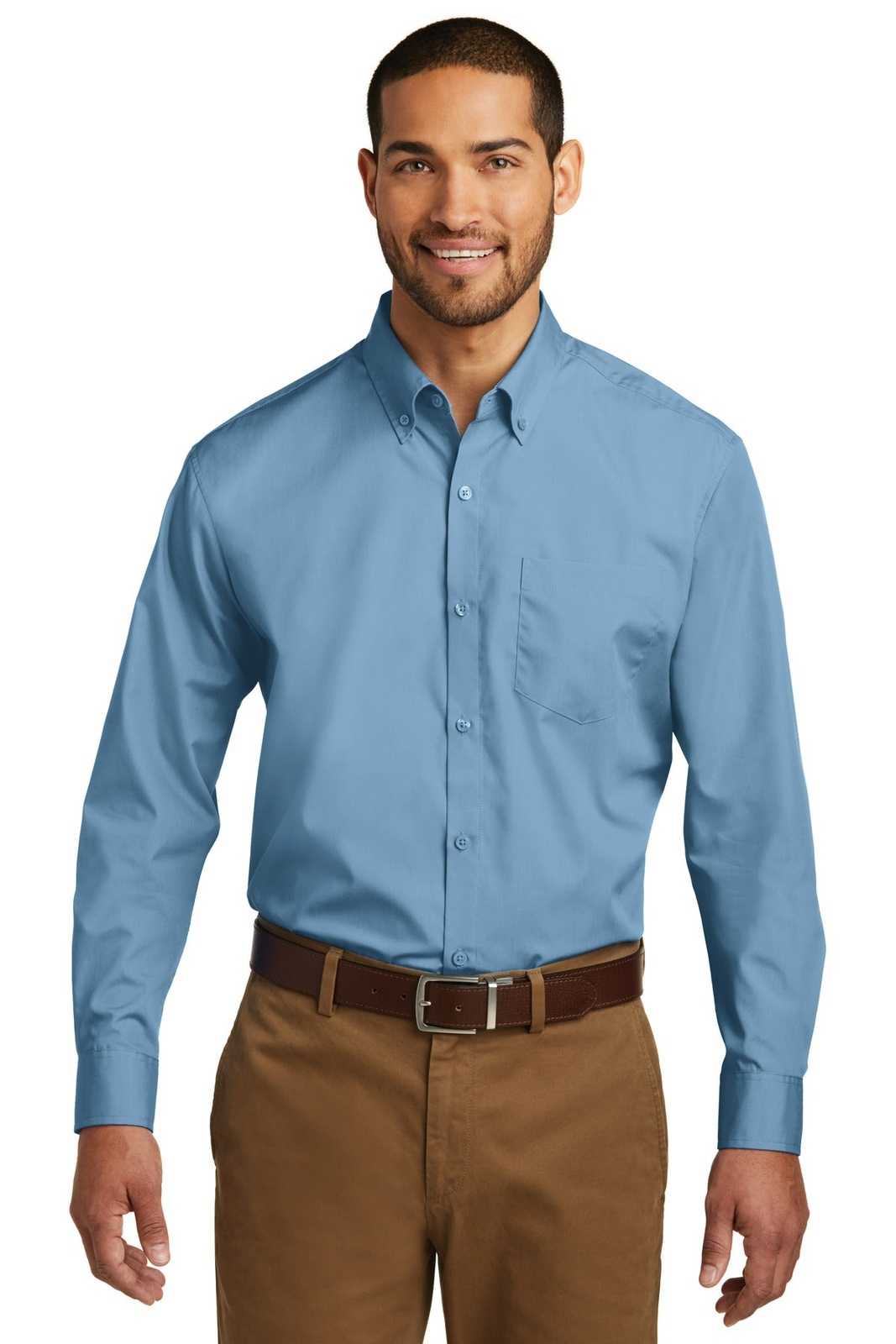 Port Authority W100 Long Sleeve Carefree Poplin Shirt - Carolina Blue - HIT a Double - 1