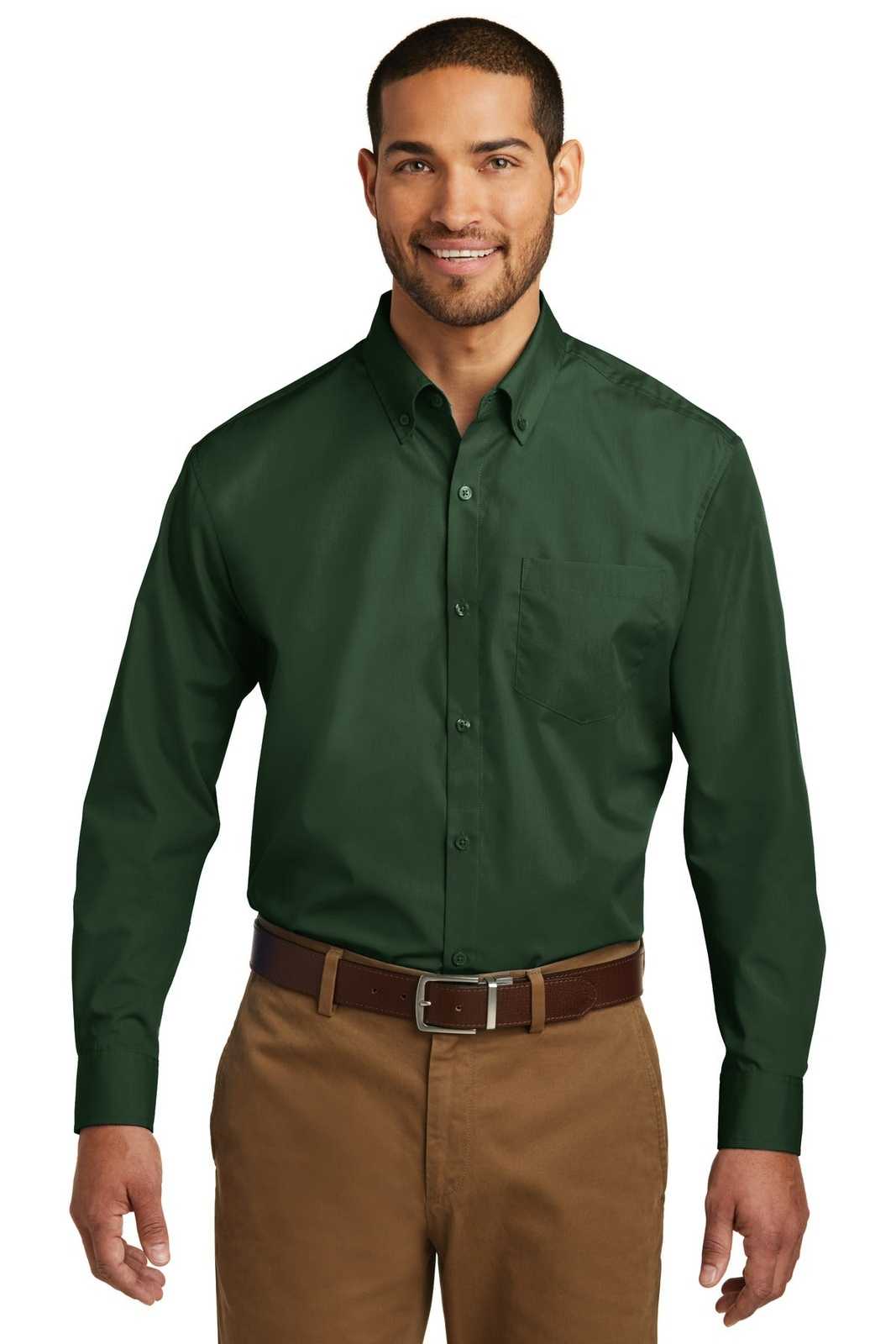 Port Authority W100 Long Sleeve Carefree Poplin Shirt - Deep Forest Green - HIT a Double - 1