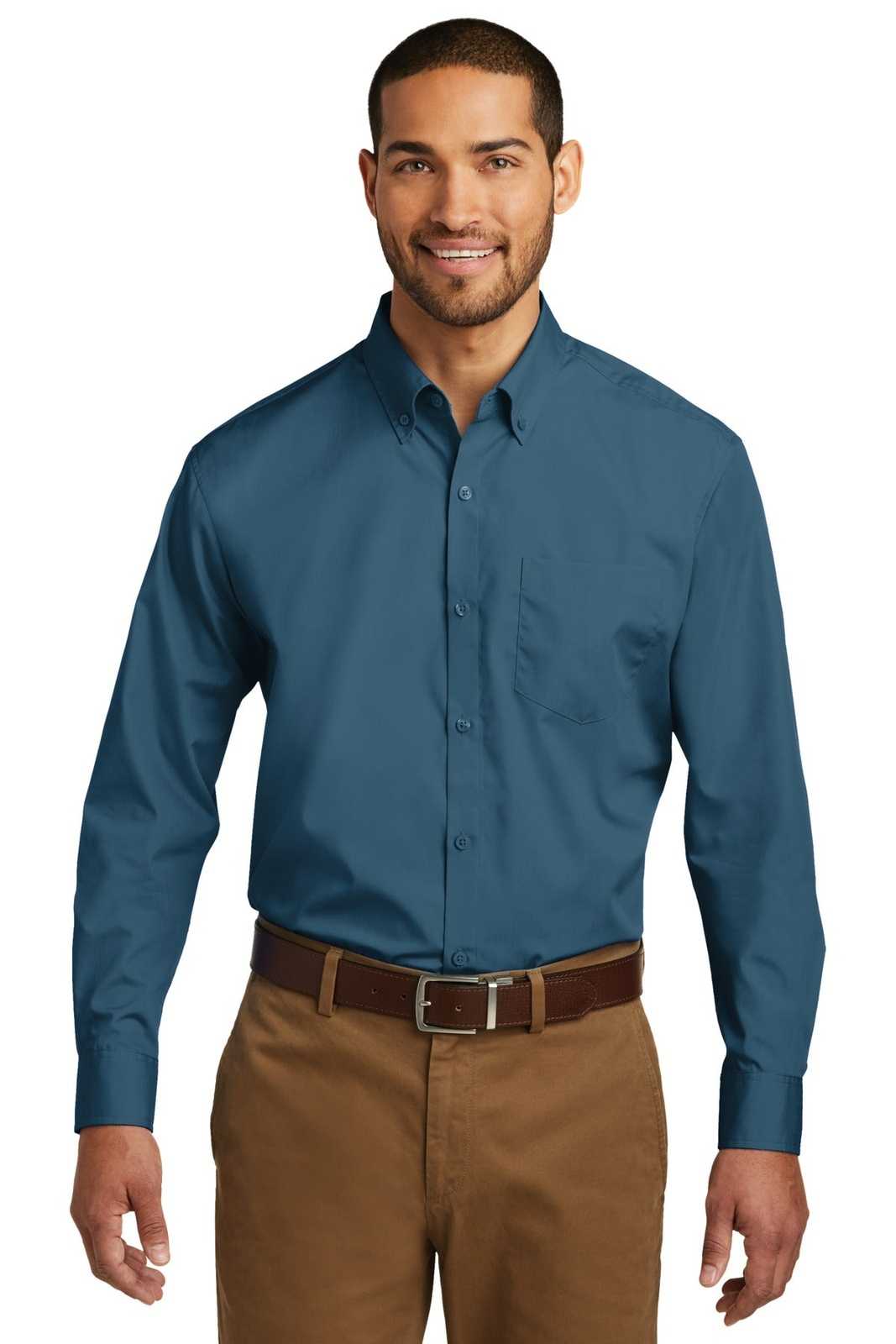 Port Authority W100 Long Sleeve Carefree Poplin Shirt - Dusty Blue - HIT a Double - 1