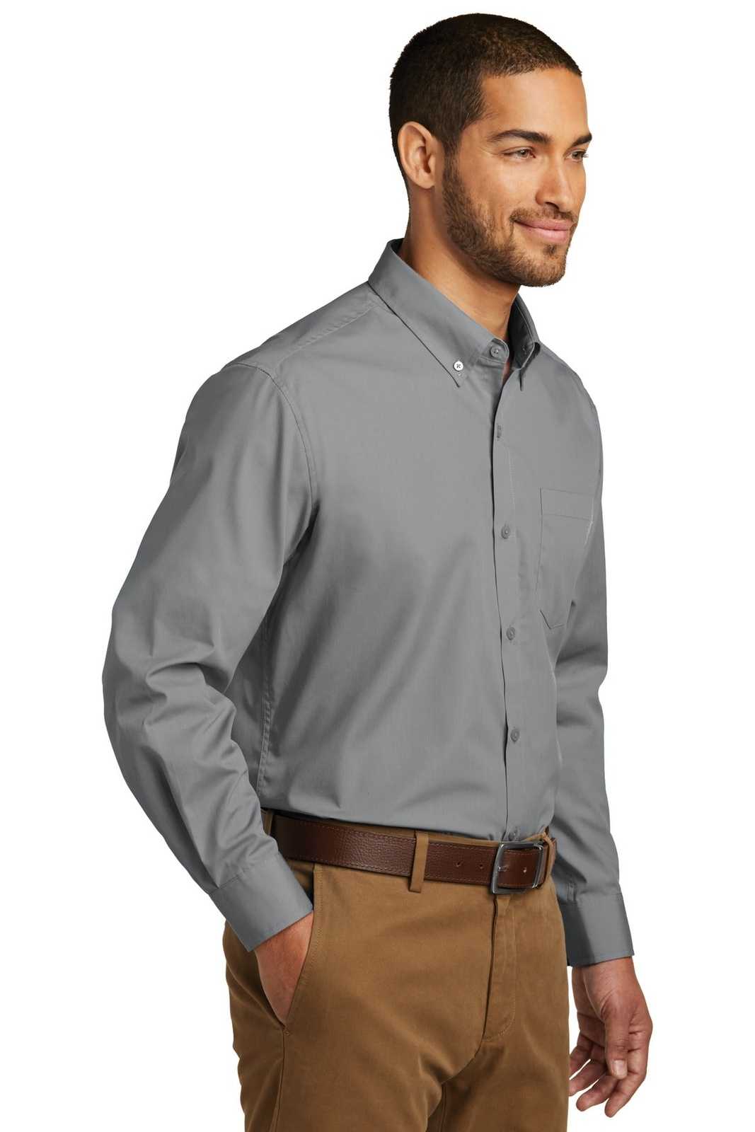 Port Authority W100 Long Sleeve Carefree Poplin Shirt - Gusty Gray - HIT a Double - 4