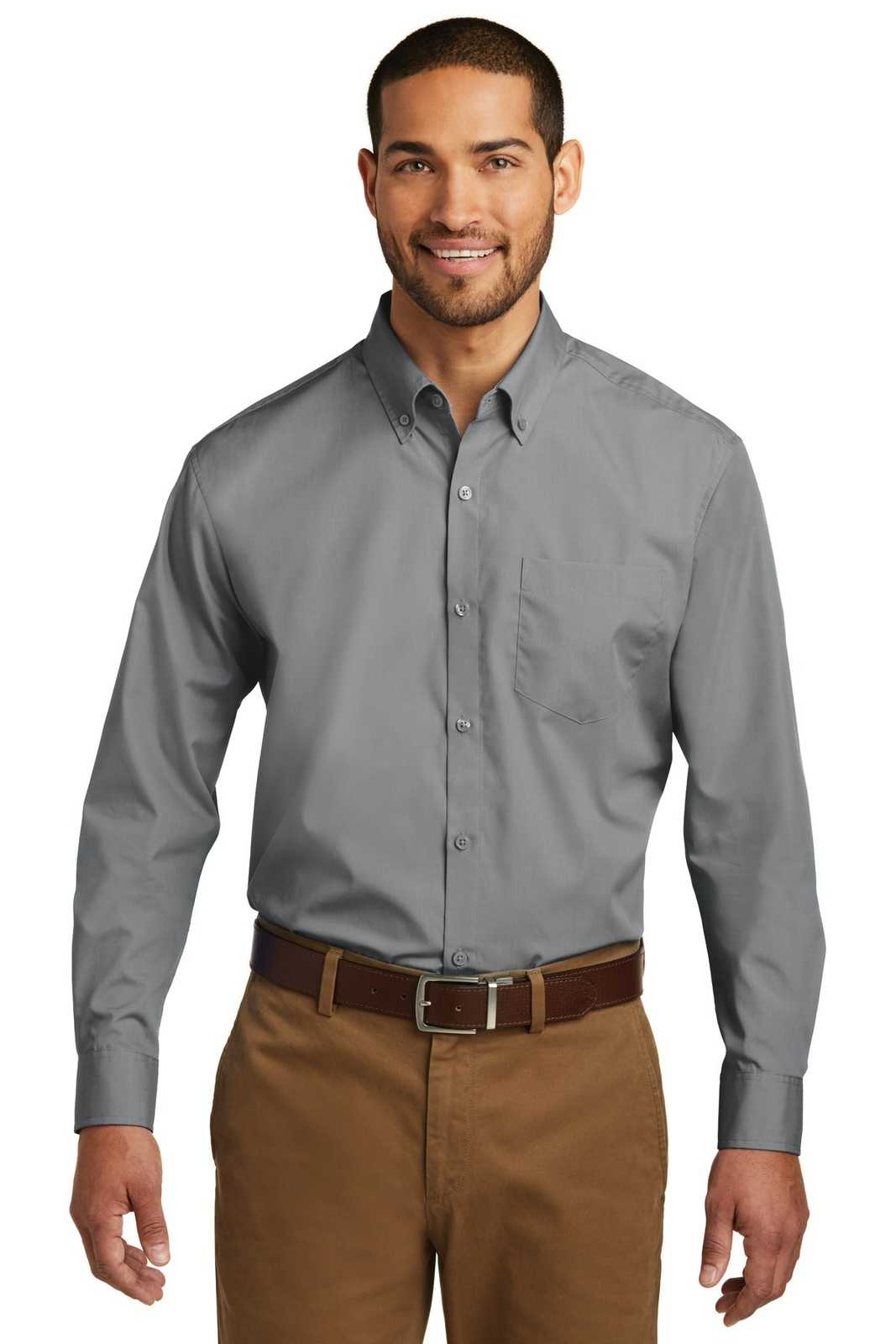 Port Authority W100 Long Sleeve Carefree Poplin Shirt - Gusty Gray - HIT a Double - 1