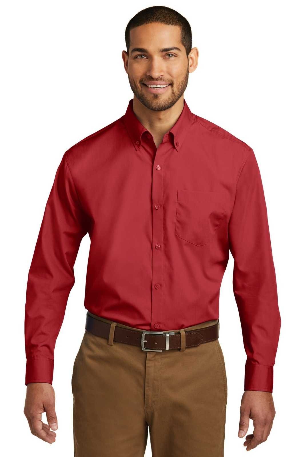 Port Authority W100 Long Sleeve Carefree Poplin Shirt - Rich Red - HIT a Double - 1