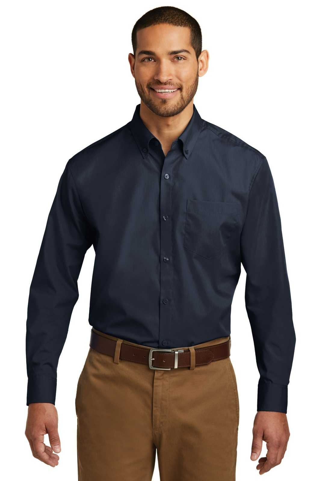 Port Authority W100 Long Sleeve Carefree Poplin Shirt - River Blue Navy - HIT a Double - 1