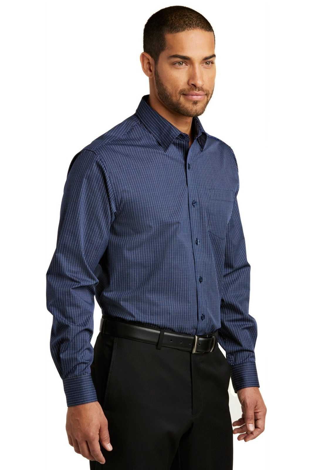 Port Authority W643 Micro Tattersall Easy Care Shirt - Navy Heritage Blue - HIT a Double - 4