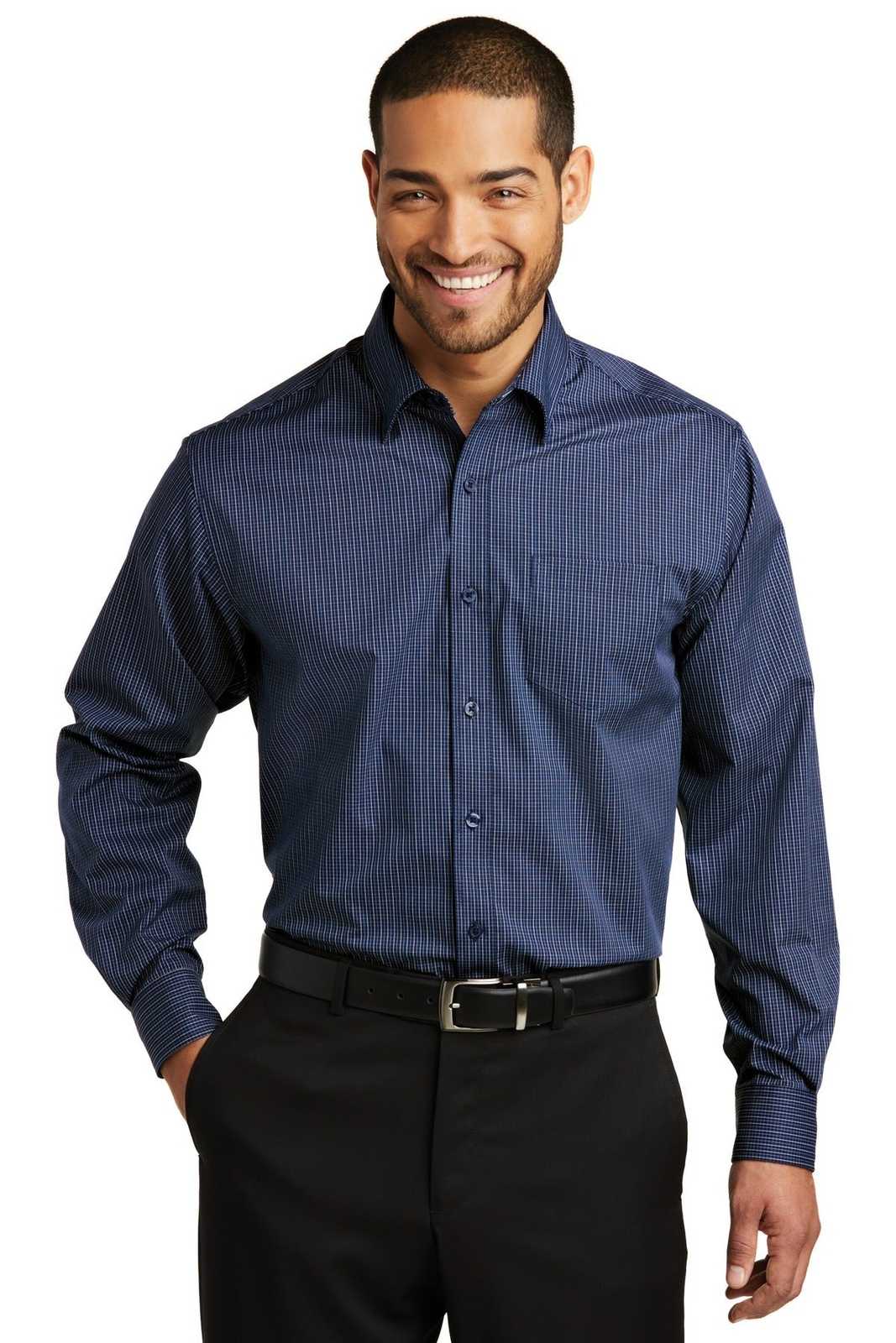 Port Authority W643 Micro Tattersall Easy Care Shirt - Navy Heritage Blue - HIT a Double - 1