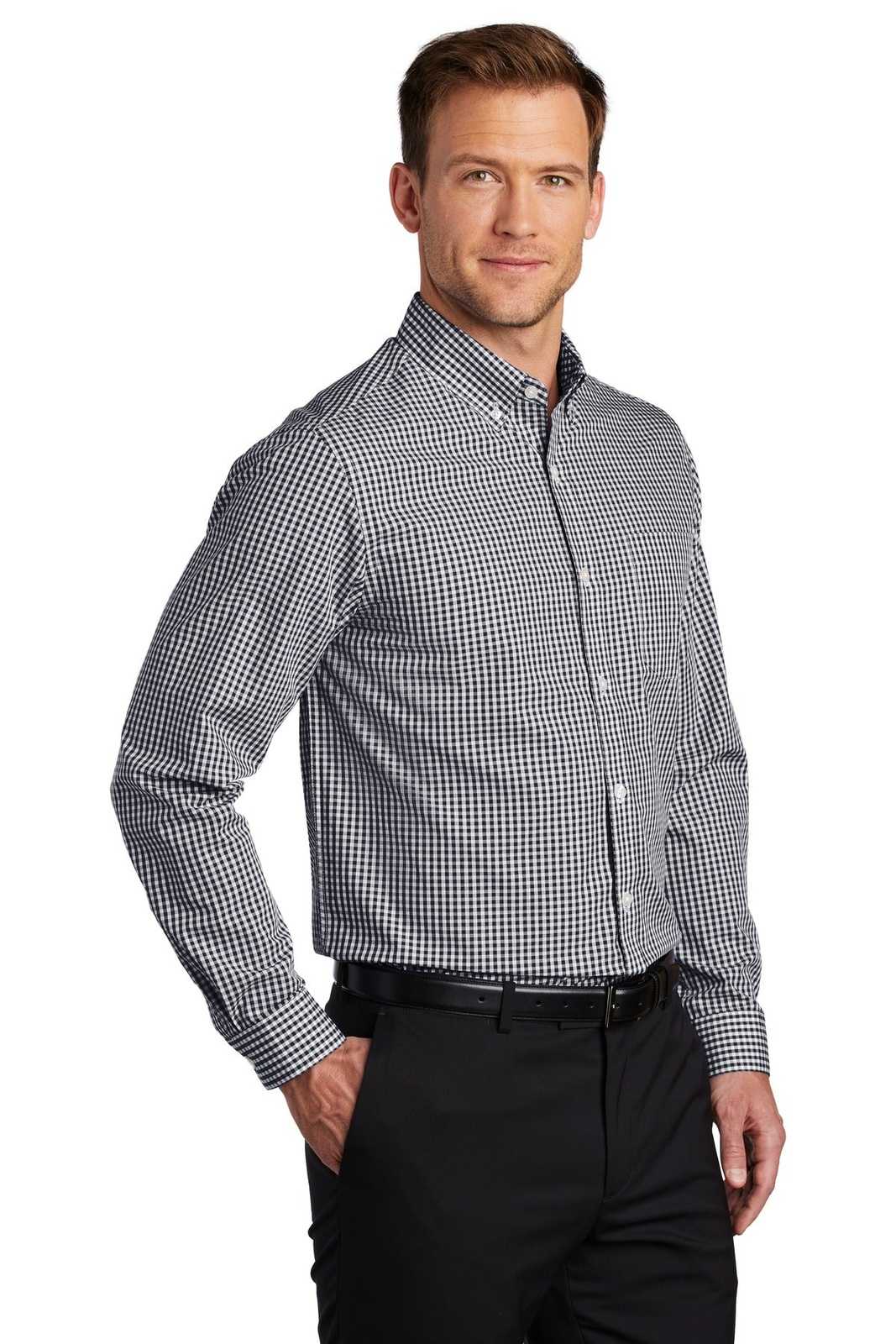 Port Authority W644 Broadcloth Gingham Easy Care Shirt - Black White - HIT a Double - 4