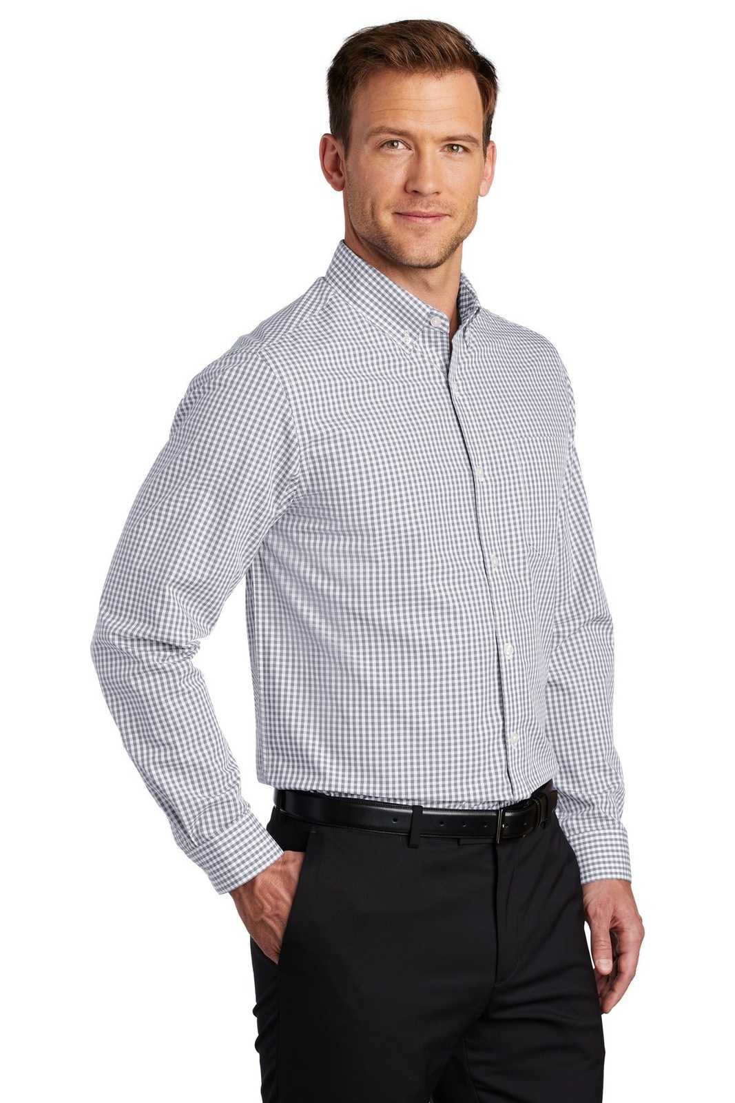Port Authority W644 Broadcloth Gingham Easy Care Shirt - Gusty Gray White - HIT a Double - 4