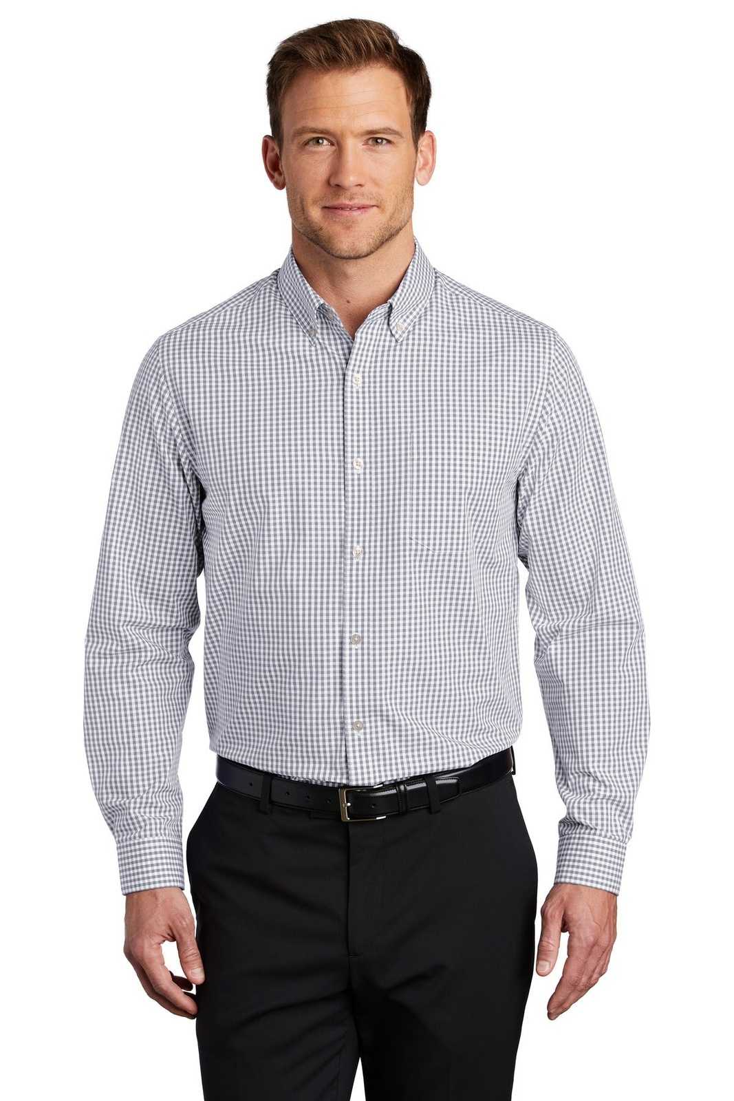 Port Authority W644 Broadcloth Gingham Easy Care Shirt - Gusty Gray White - HIT a Double - 1