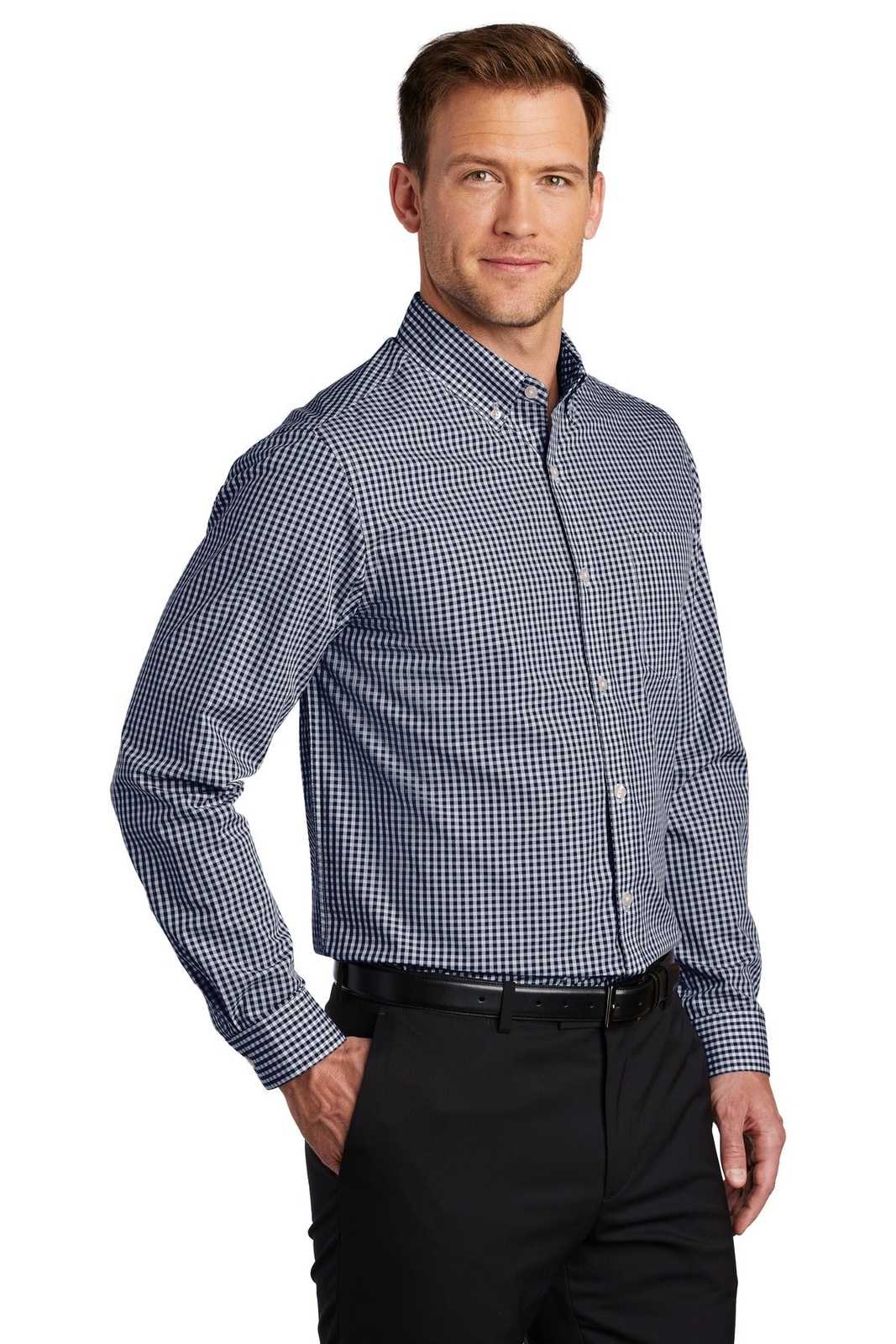 Port Authority W644 Broadcloth Gingham Easy Care Shirt - True Navy White - HIT a Double - 4