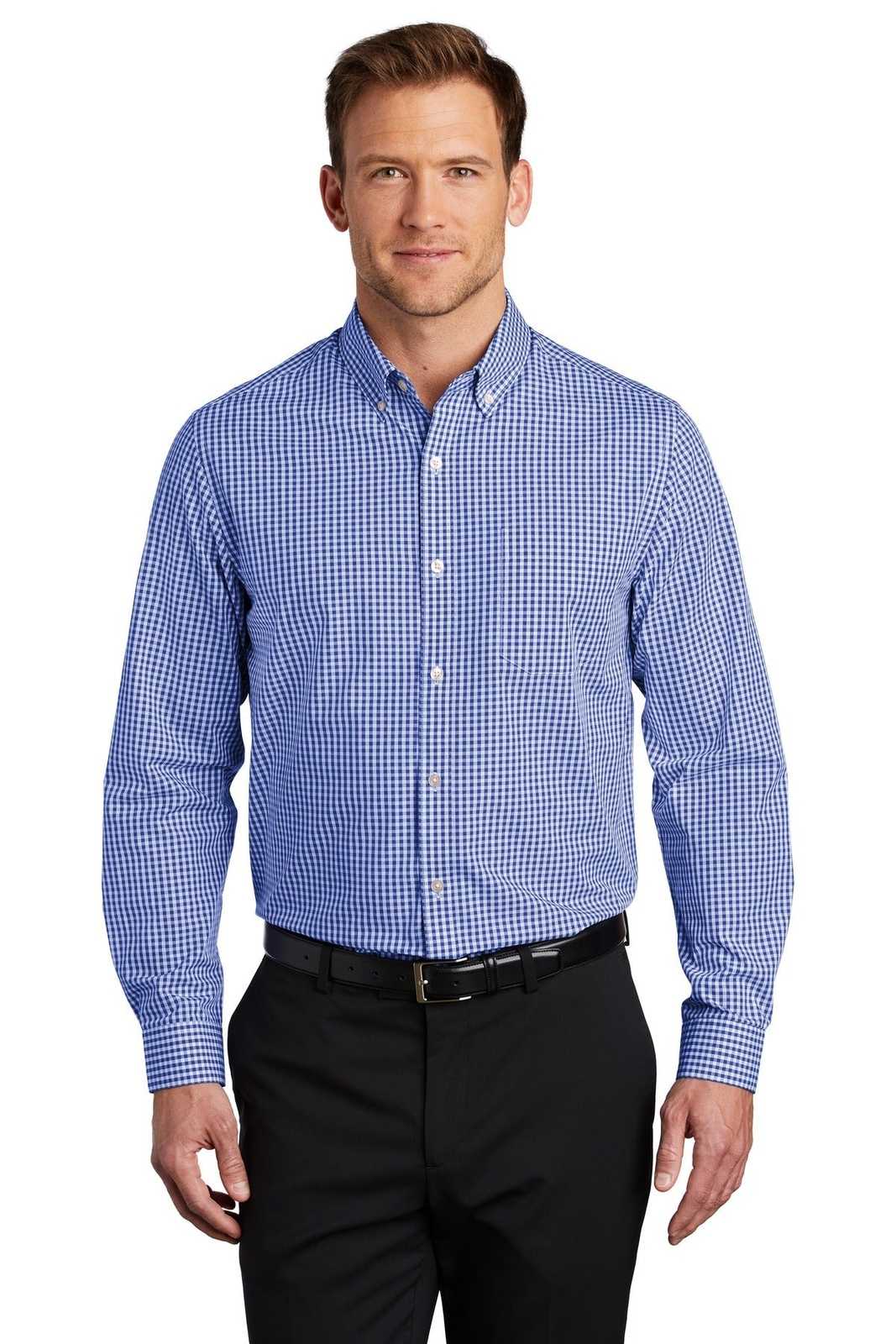 Port Authority W644 Broadcloth Gingham Easy Care Shirt - True Royal White - HIT a Double - 1
