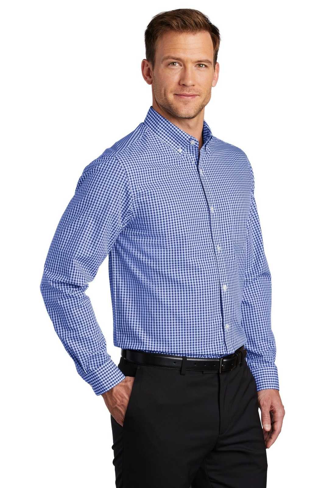 Port Authority W644 Broadcloth Gingham Easy Care Shirt - True Royal White - HIT a Double - 4
