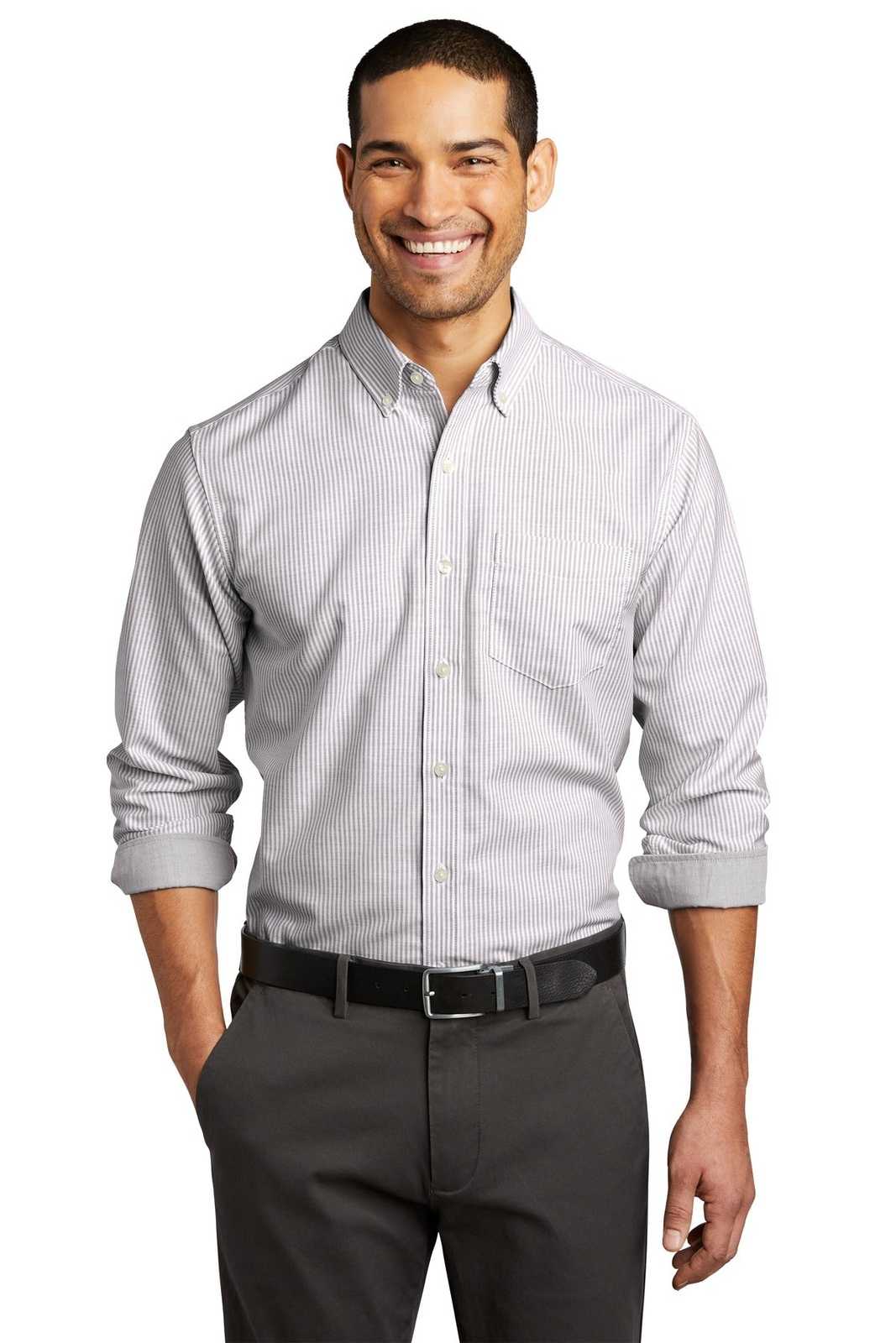 Port Authority W657 SuperPro Oxford Stripe Shirt - Gusty Gray/ White - HIT a Double - 1