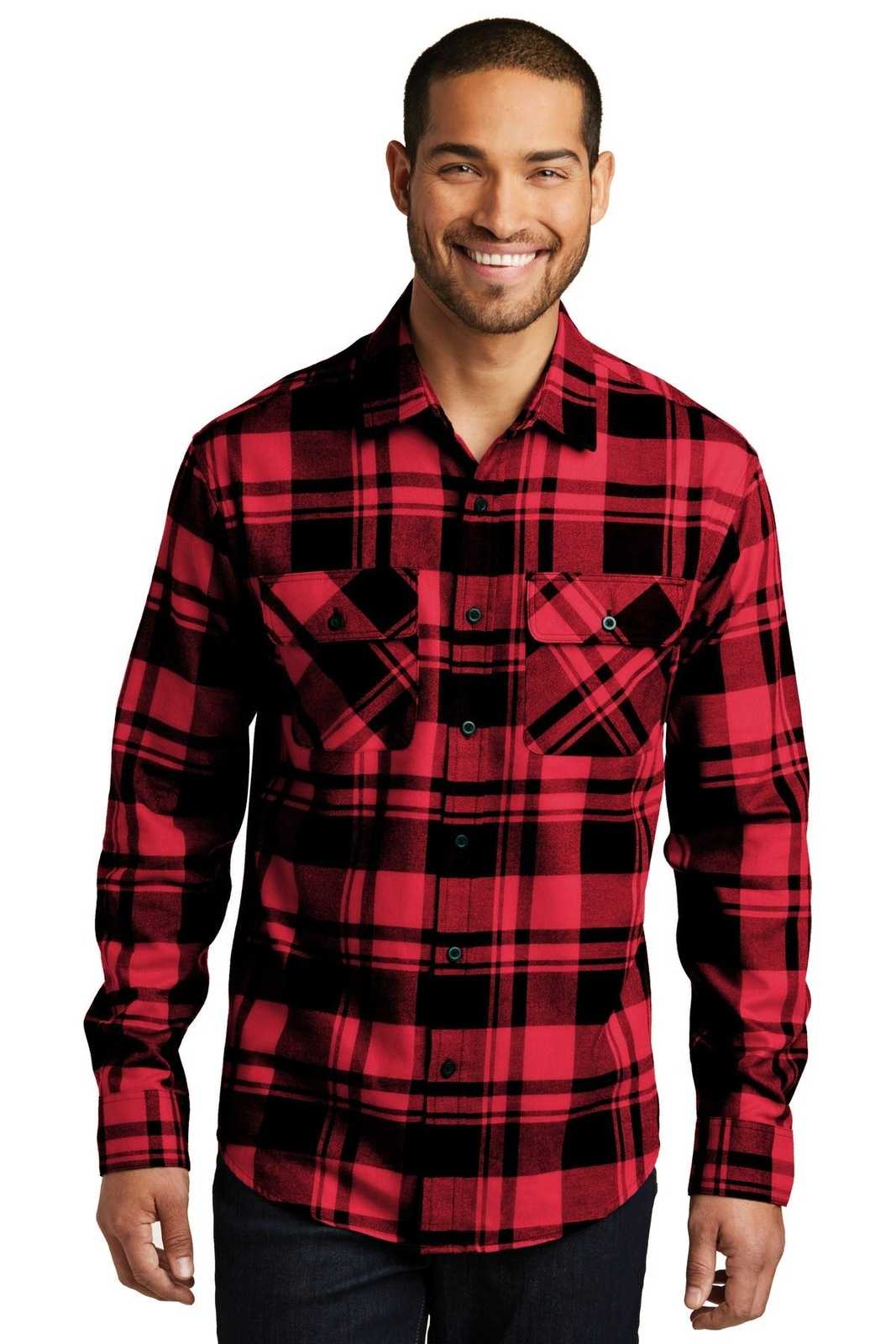 Port Authority W668 Plaid Flannel Shirt - Engine Red Black - HIT a Double - 1
