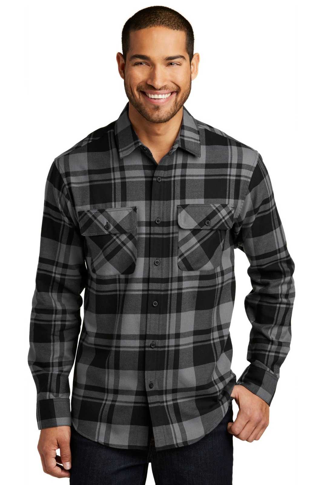 Port Authority W668 Plaid Flannel Shirt - Gray Black - HIT a Double - 1