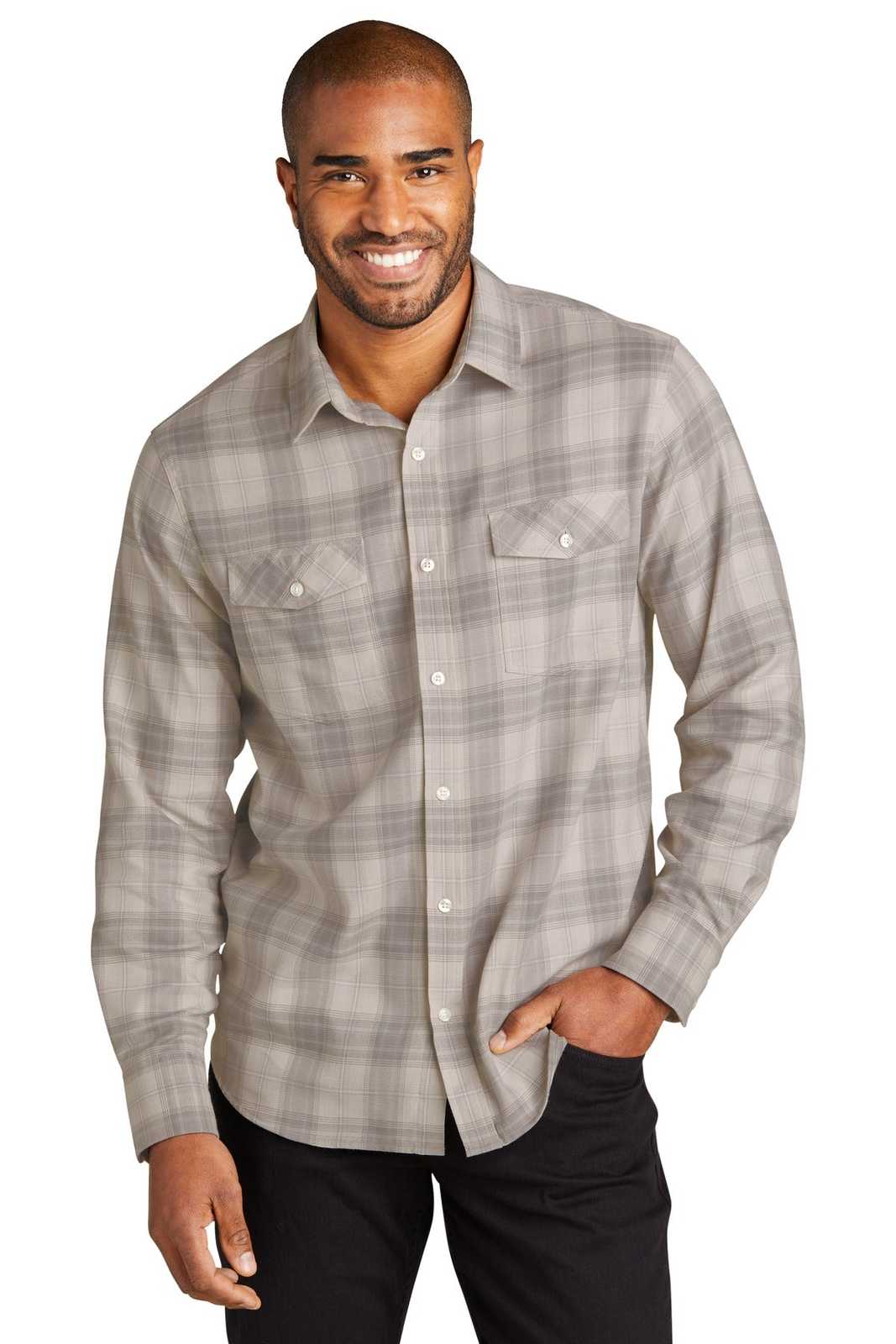 Port Authority W672 Long Sleeve Ombre Plaid Shirt - Frost Grey - HIT a Double - 1