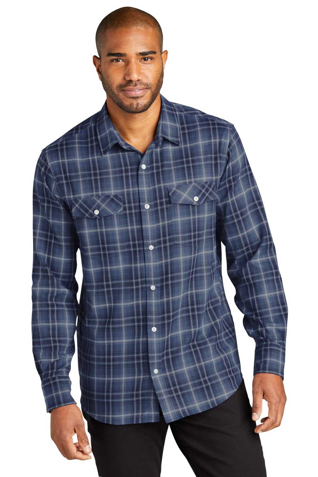 Port Authority W672 Long Sleeve Ombre Plaid Shirt - True Navy - HIT a Double - 1