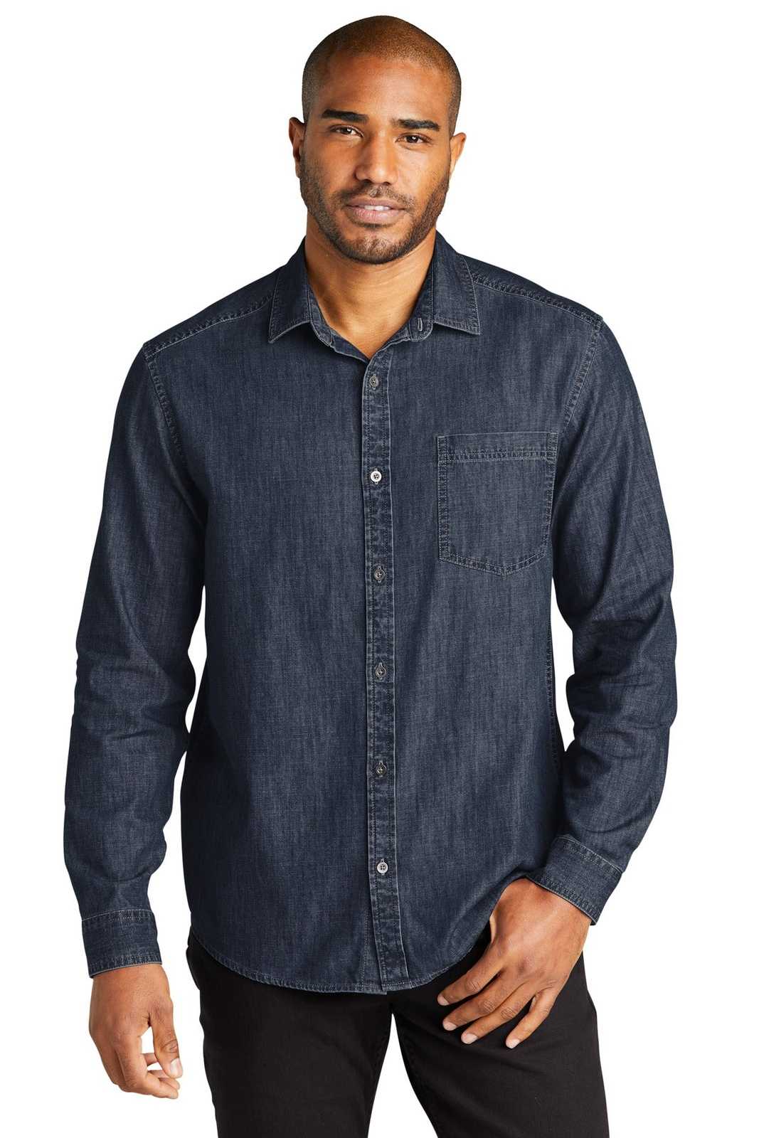 Port Authority W676 Long Sleeve Perfect Denim Shirt - Dark Wash - HIT a Double - 1