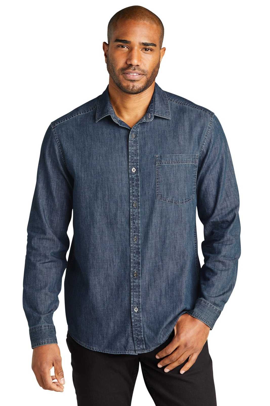 Port Authority W676 Long Sleeve Perfect Denim Shirt - Medium Wash - HIT a Double - 1