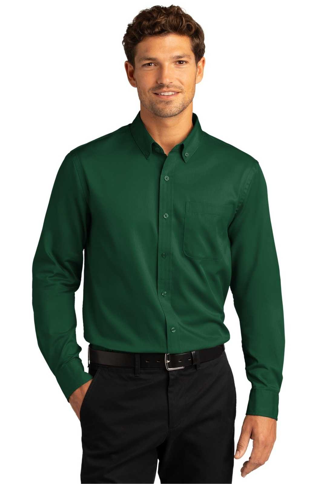 Port Authority W808 Long Sleeve SuperPro React Twill Shirt - Dark Green - HIT a Double - 1