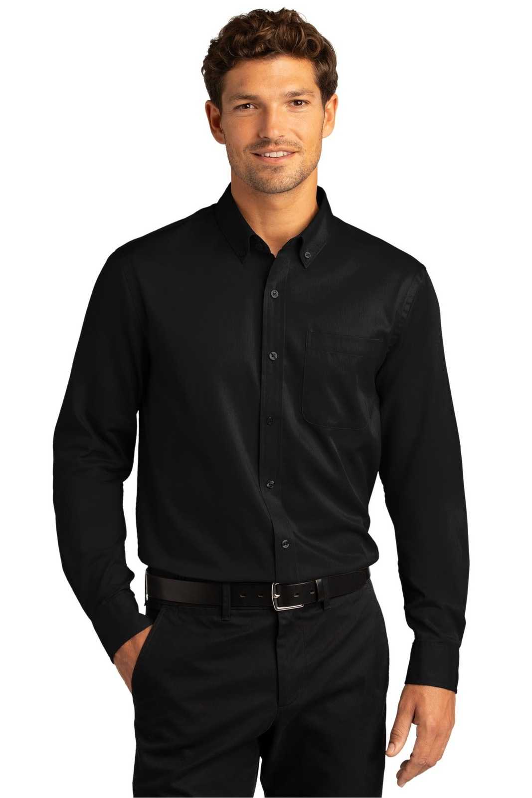 Port Authority W808 Long Sleeve SuperPro React Twill Shirt - Deep Black - HIT a Double - 1