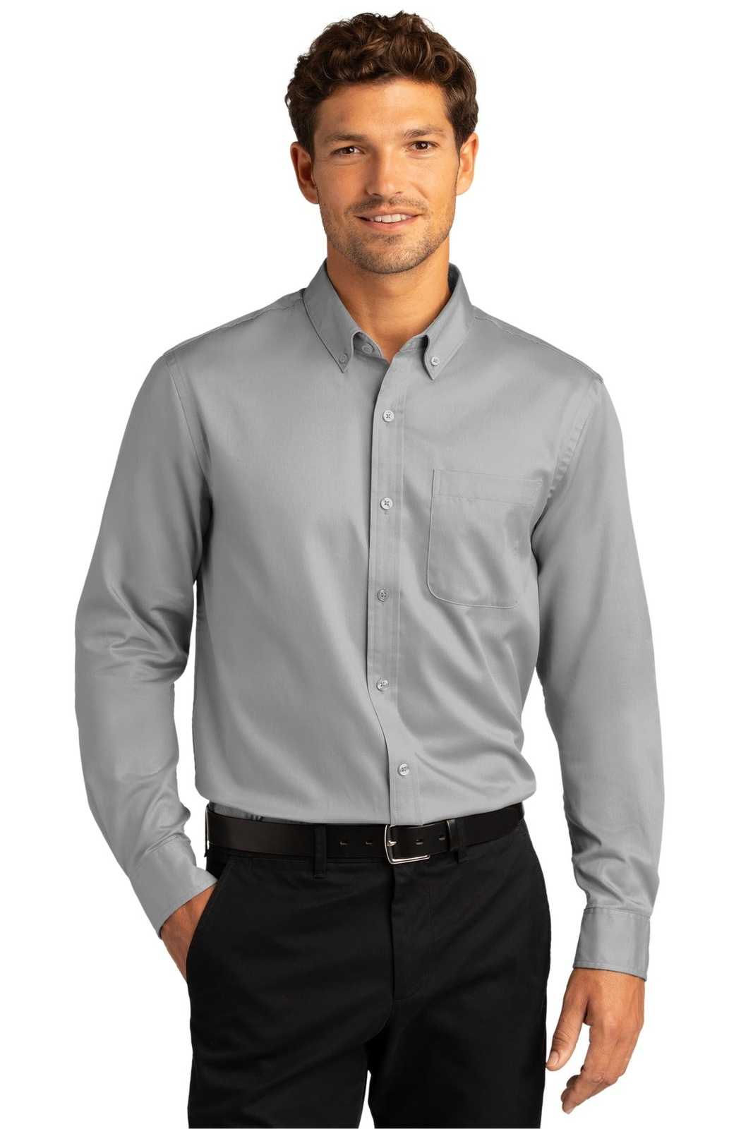 Port Authority W808 Long Sleeve SuperPro React Twill Shirt - Gusty Gray - HIT a Double - 1