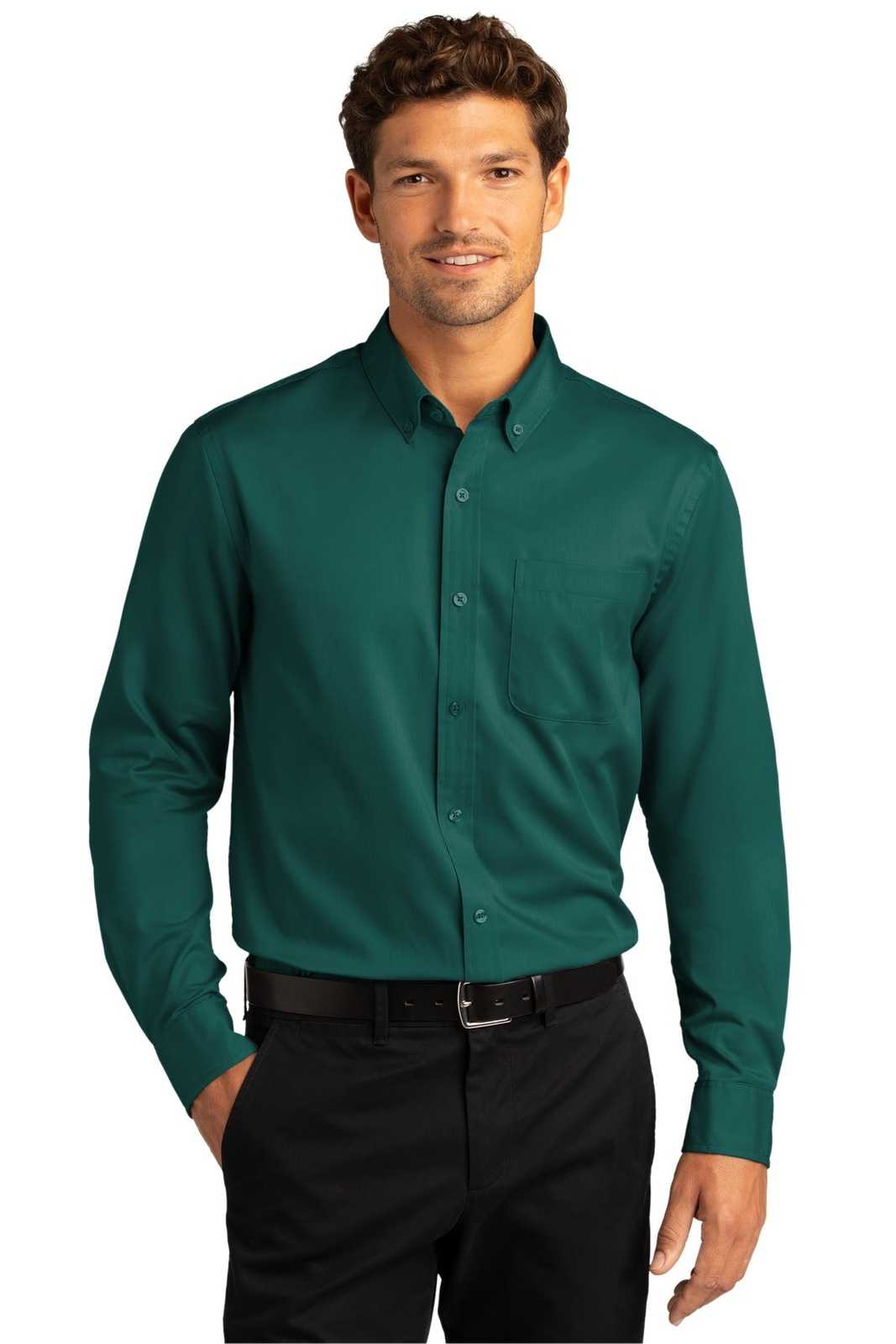 Port Authority W808 Long Sleeve SuperPro React Twill Shirt - Marine Green - HIT a Double - 1