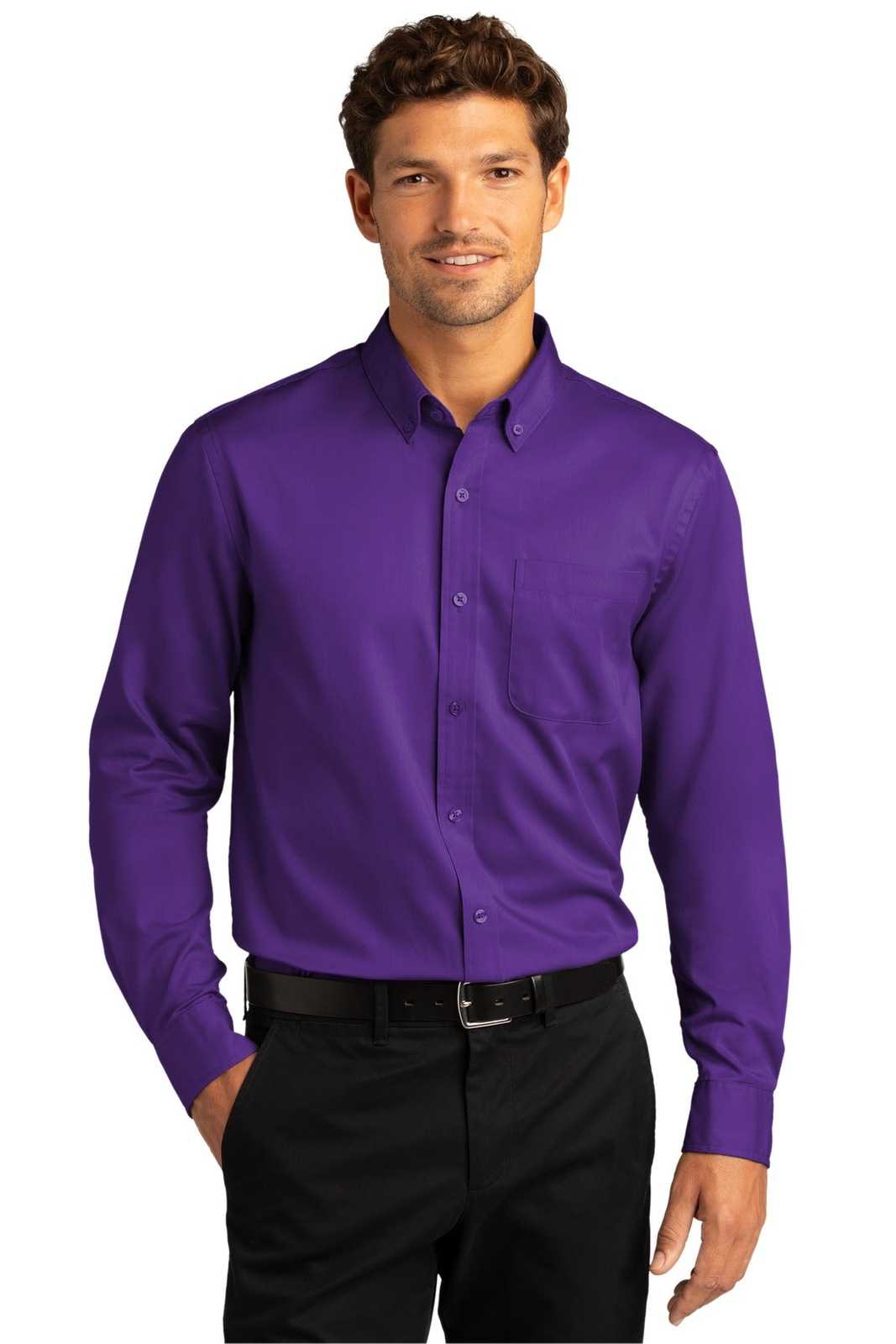 Port Authority W808 Long Sleeve SuperPro React Twill Shirt - Purple - HIT a Double - 1