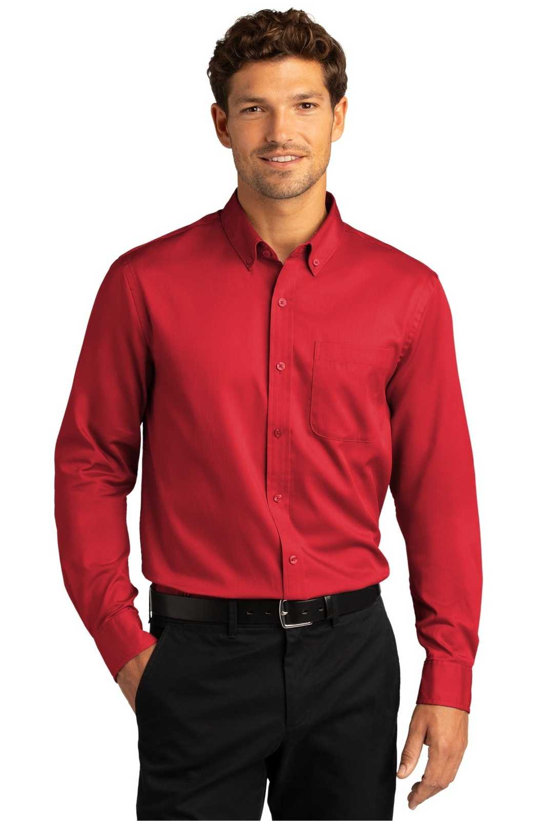 Port Authority W808 Long Sleeve SuperPro React Twill Shirt - Rich Red - HIT a Double - 1