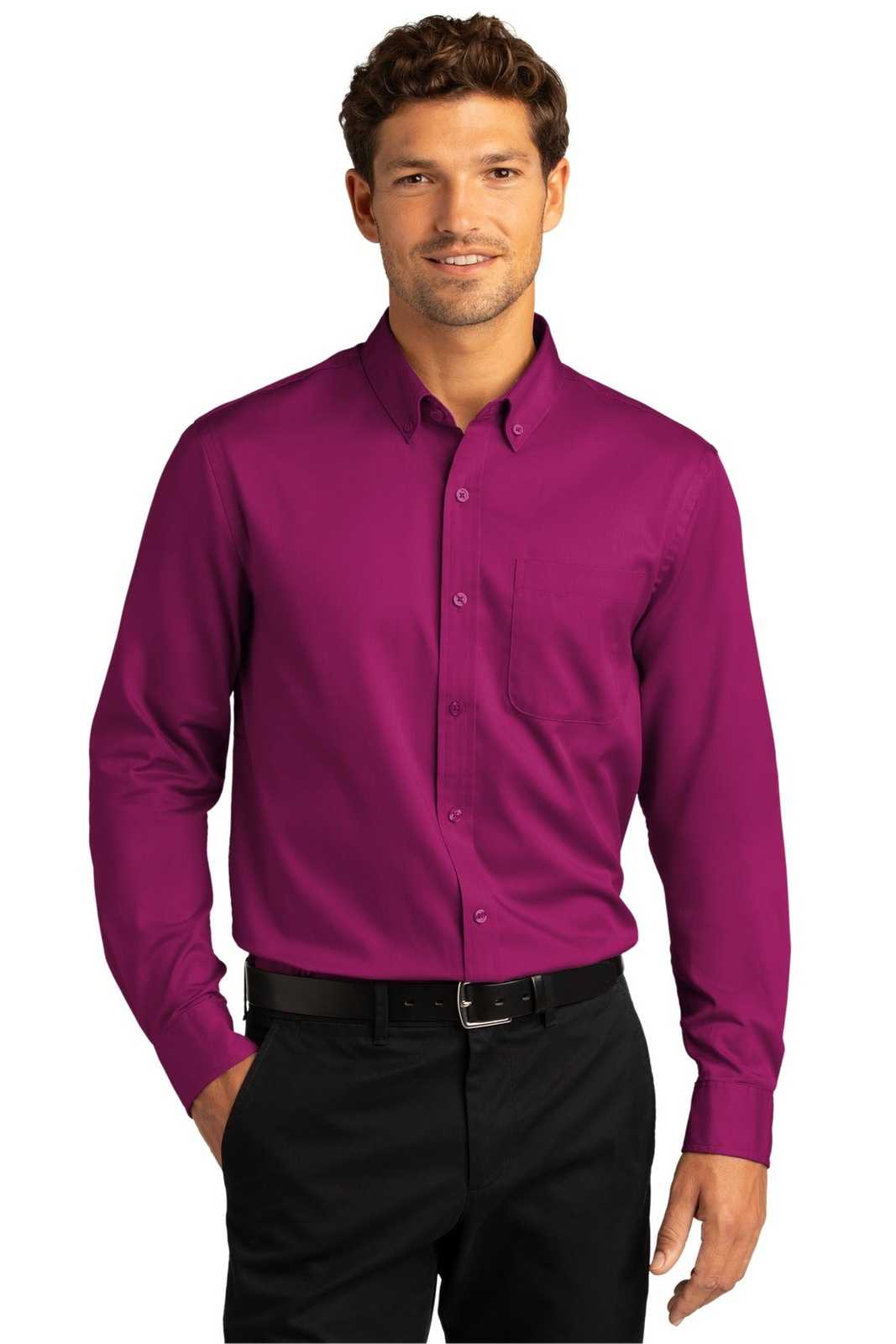Port Authority W808 Long Sleeve SuperPro React Twill Shirt - Wild Berry - HIT a Double - 1