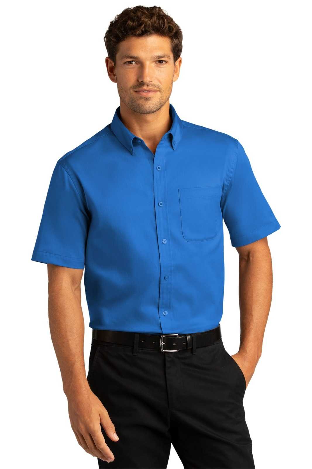 Port Authority W809 Short Sleeve SuperPro React Twill Shirt - Strong Blue - HIT a Double - 1