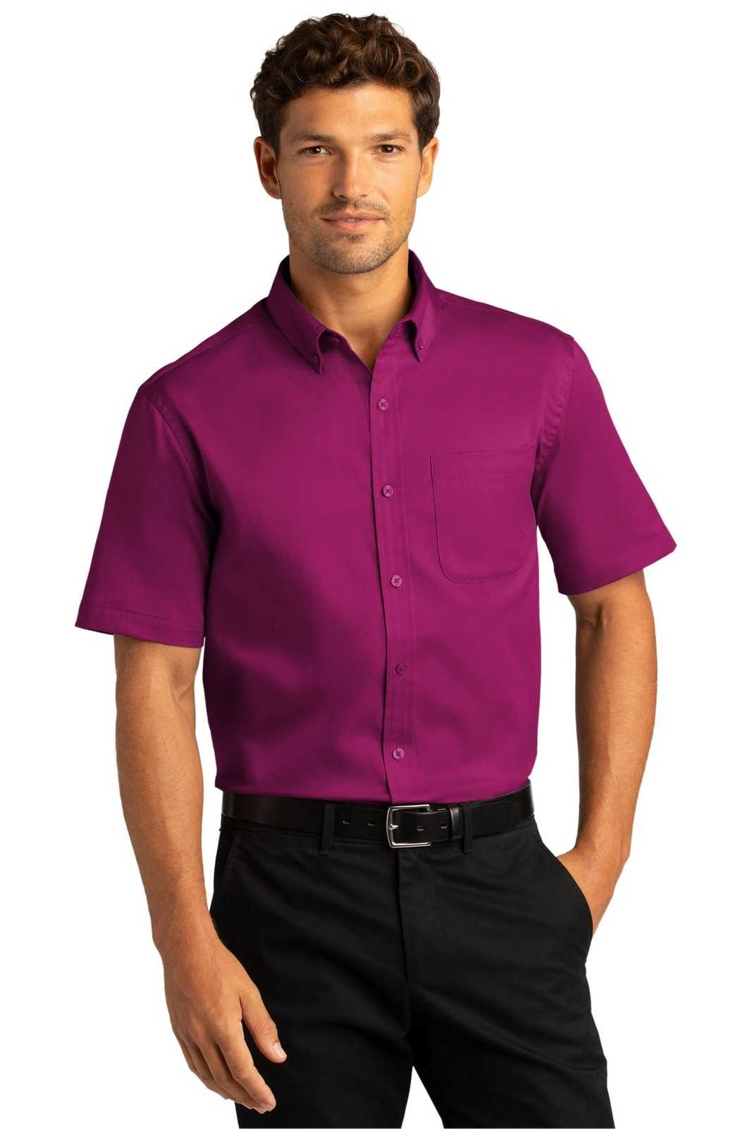 Port Authority W809 Short Sleeve SuperPro React Twill Shirt - Wild Berry - HIT a Double - 1
