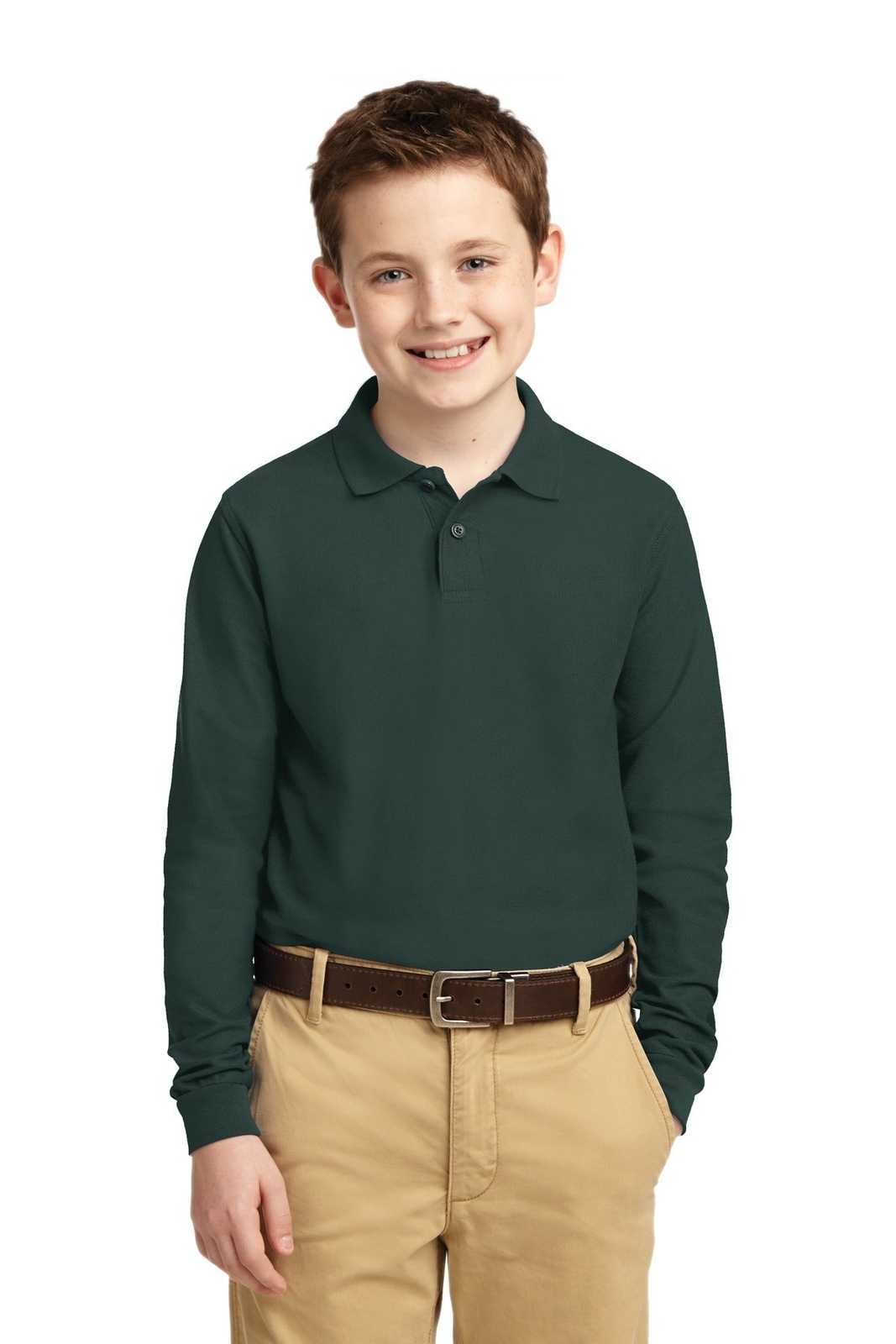 Port Authority Y500LS Youth Long Sleeve Silk Touch Polo - Dark Green - HIT a Double - 1